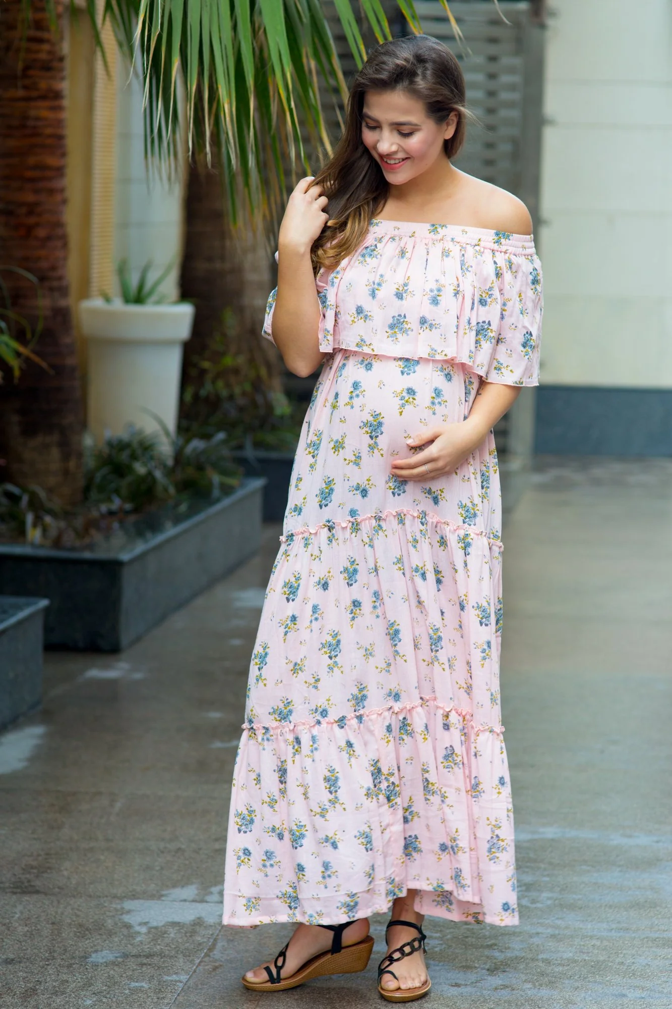 Pastel Rose Peach Off-Shoulder Maternity Maxi - Chenance