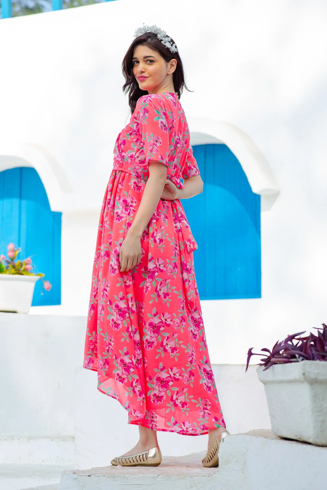 Neon Pink  Paradise Maternity & Nursing Hi-Low Wrap Dress - Chenance