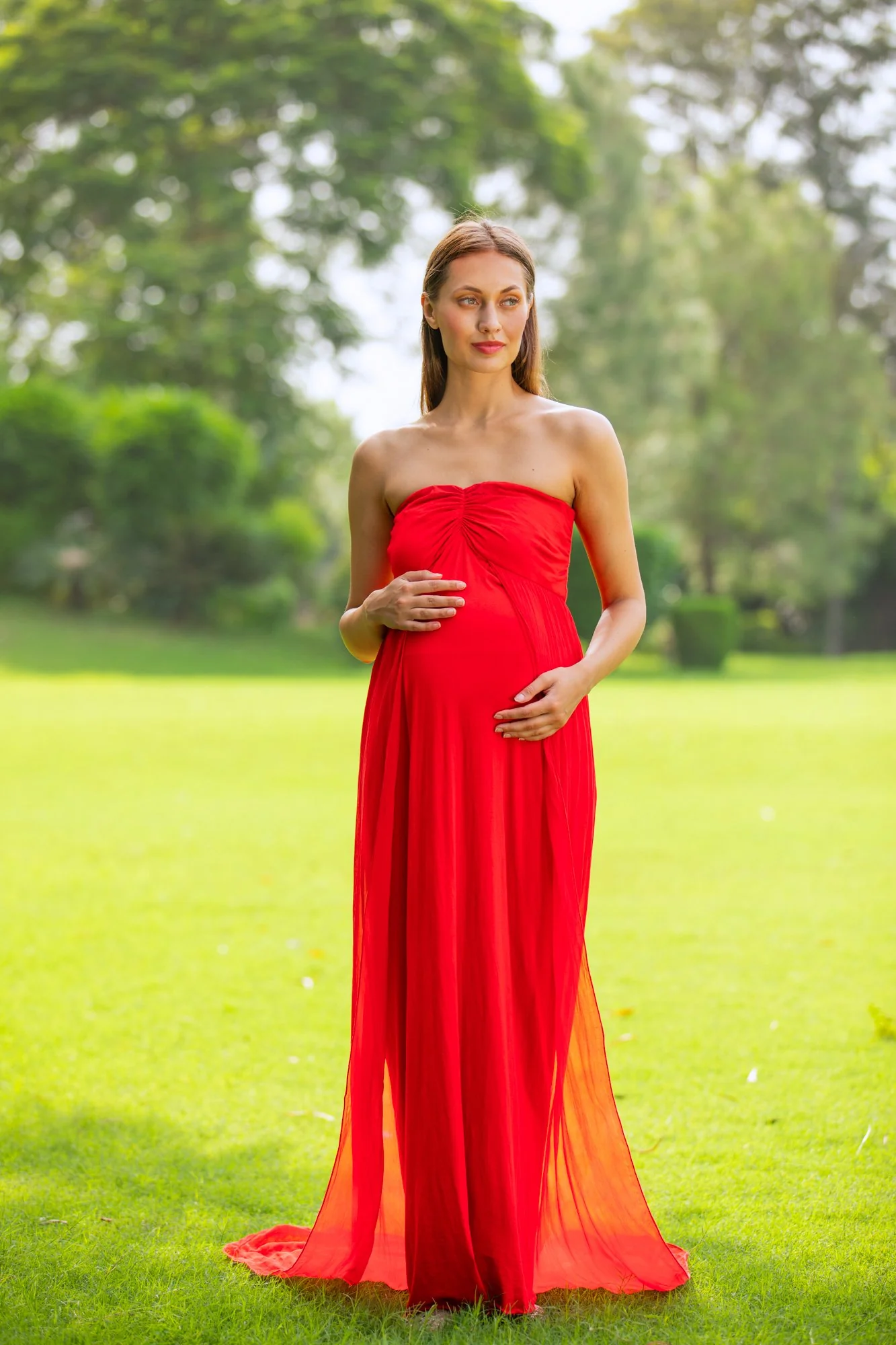Luxe Cherry Red Off-Shoulder Trail Maternity Photoshoot Gown - Chenance