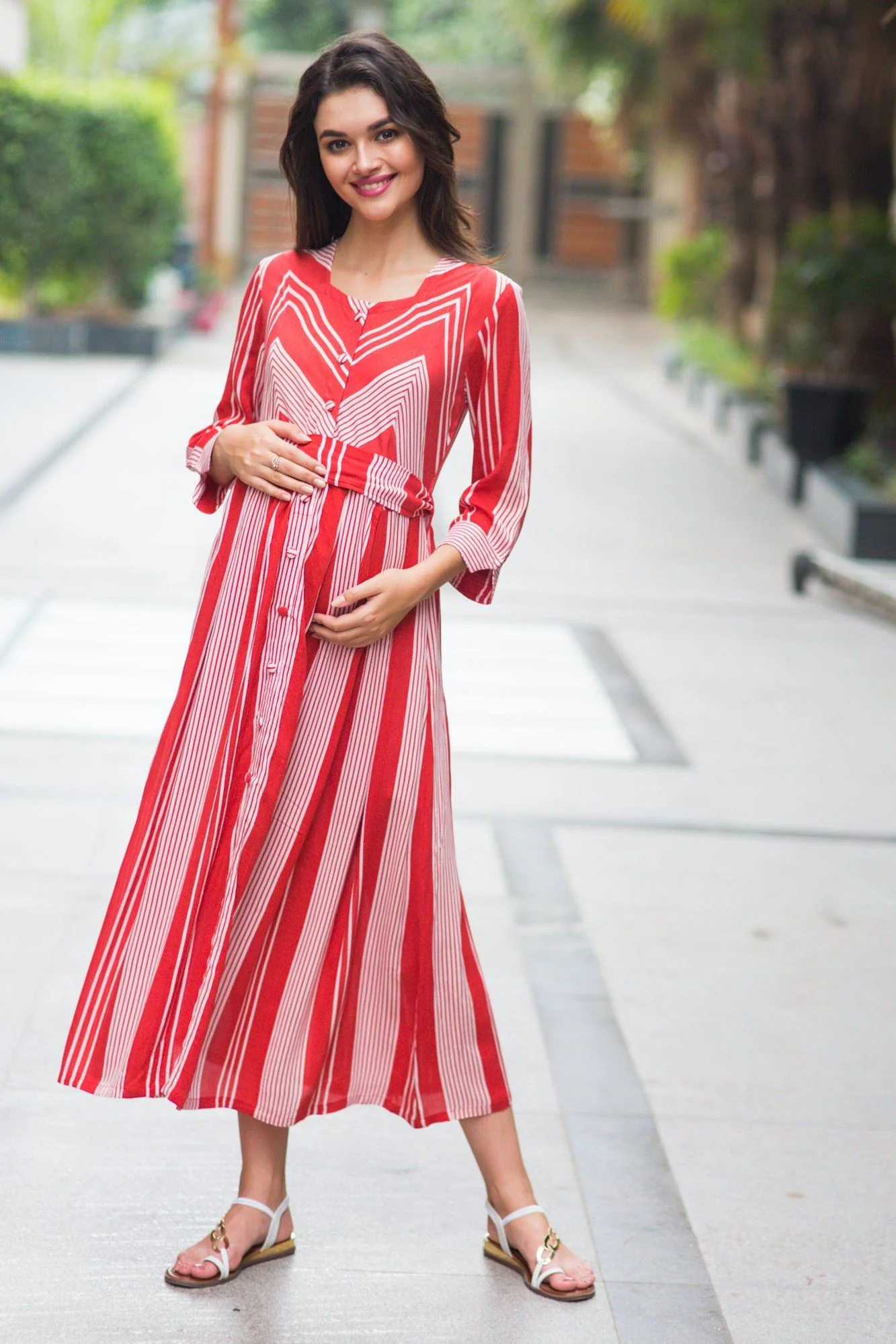 Cardinal Striped Pocket Maternity & Nursing Dress - Chenance