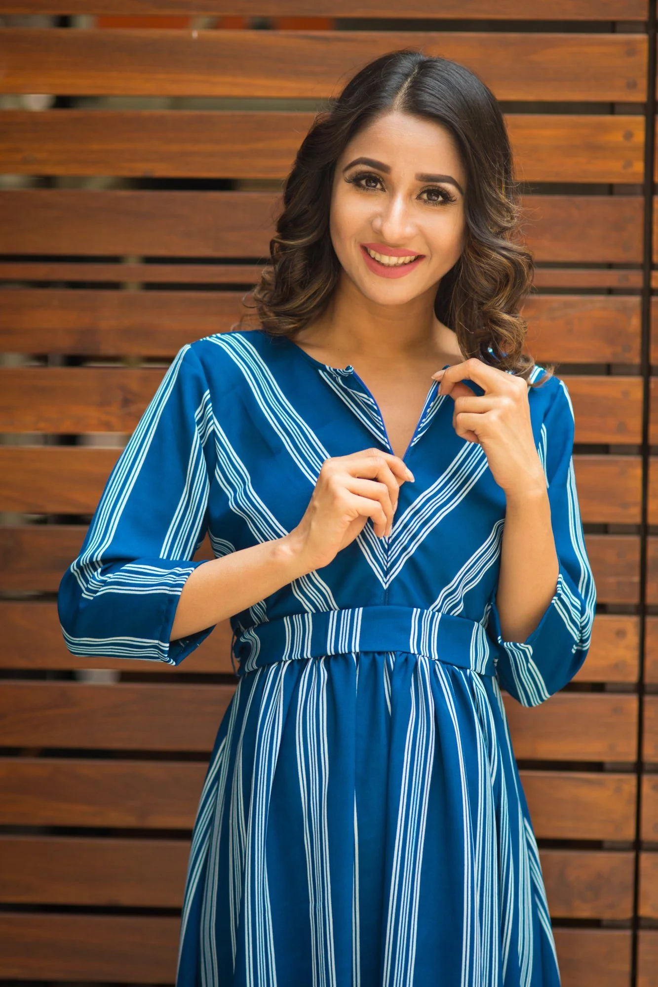 Persian Blue Striped Maternity & Nursing Crepe Dress - Chenance