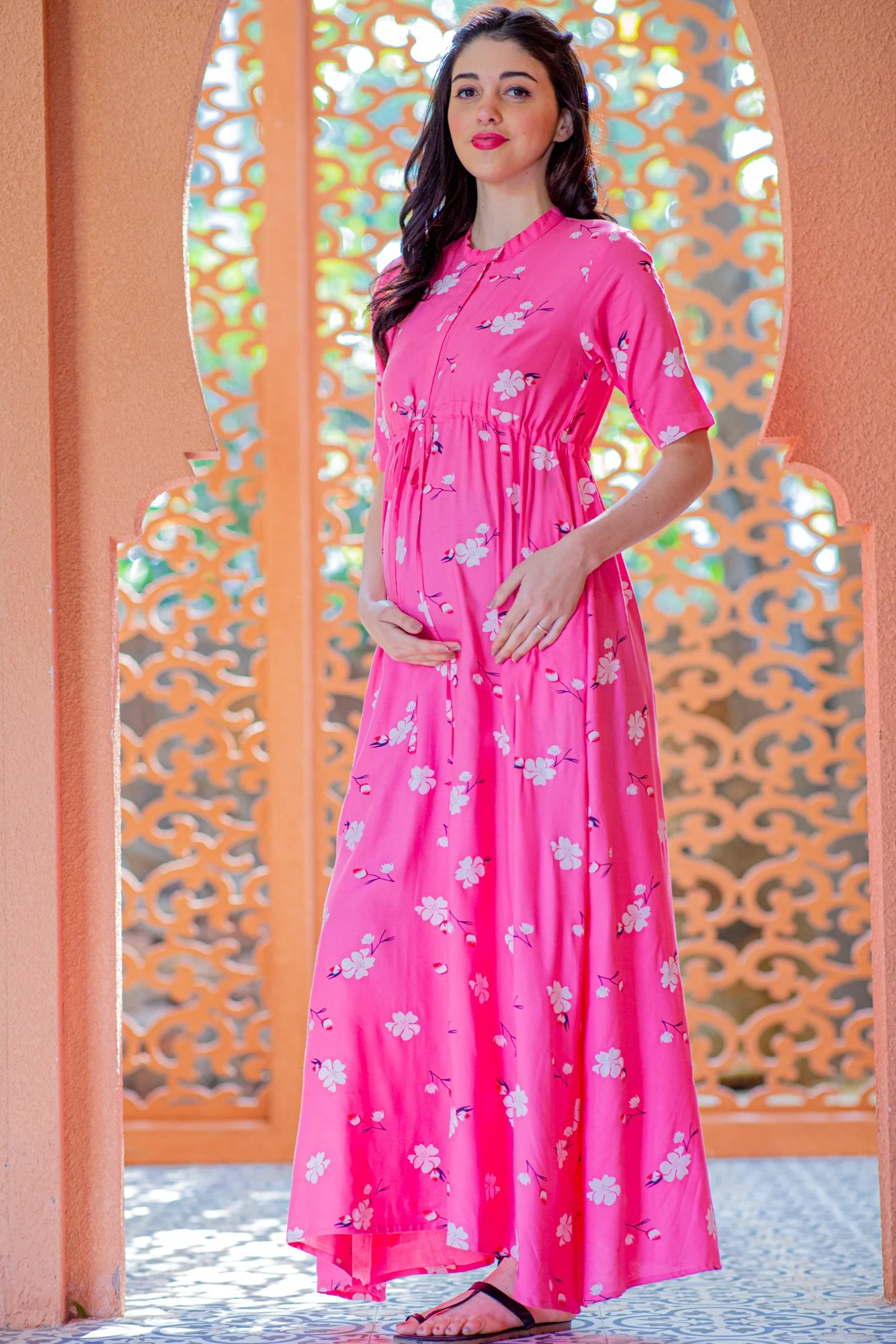 Rose Pink Maternity & Nursing Dress / Delivery Gown/ Night Dress - Chenance
