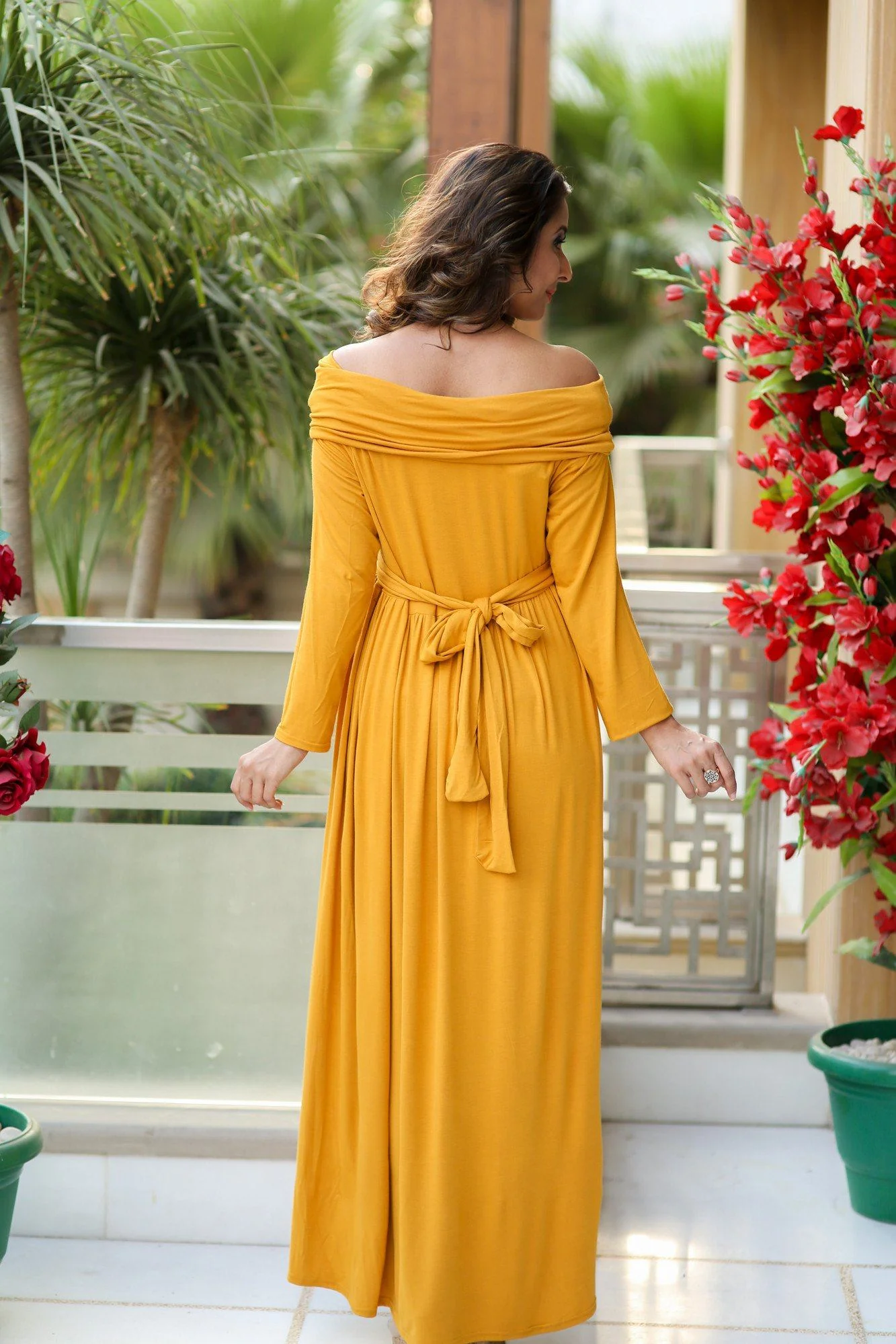 Mustard Cowl Neck Off-shoulder Lycra Maternity Maxi Dress - Chenance