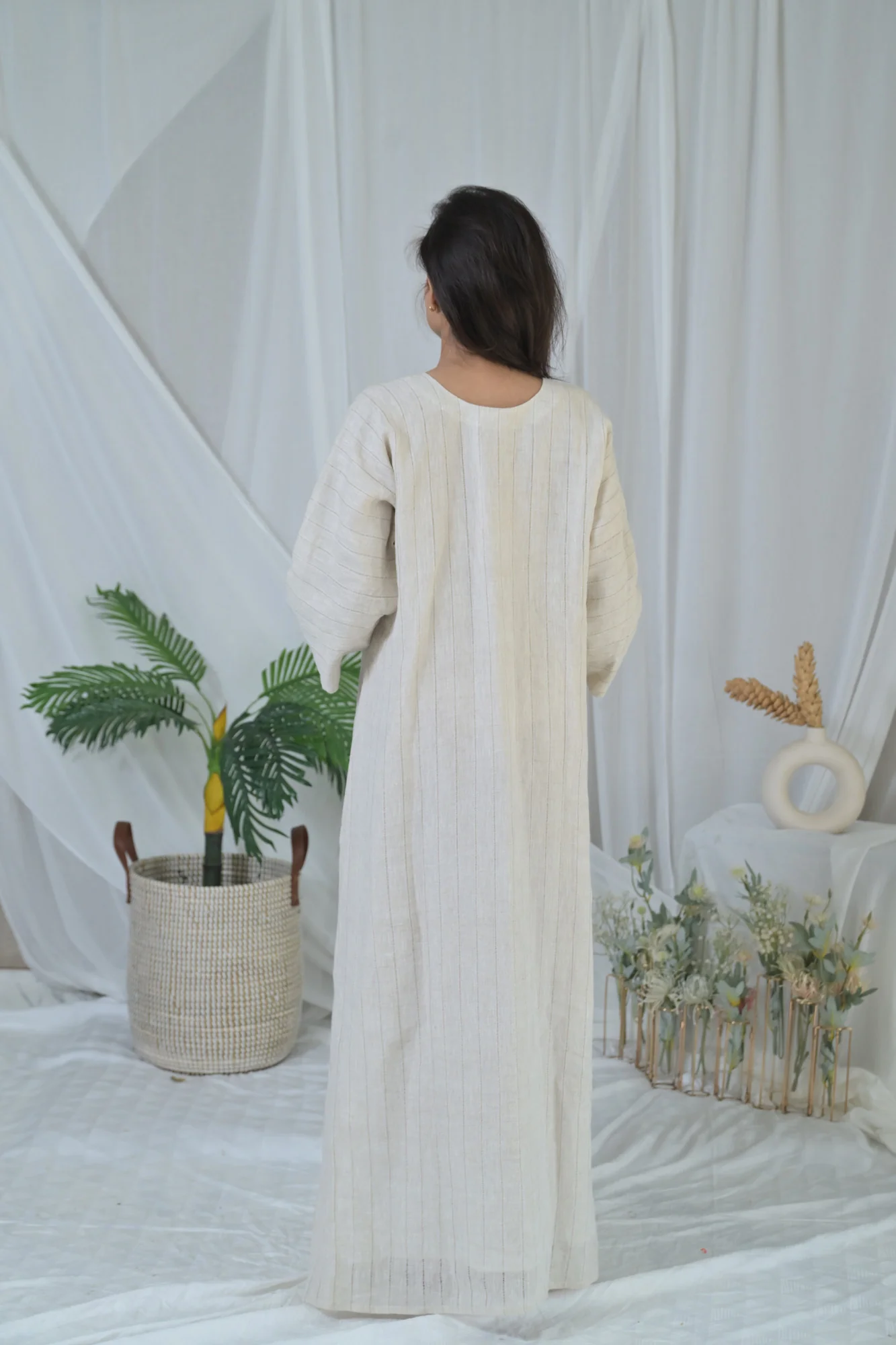 Luxe Graceful Beige Long Maternity Linen Dress - Chenance