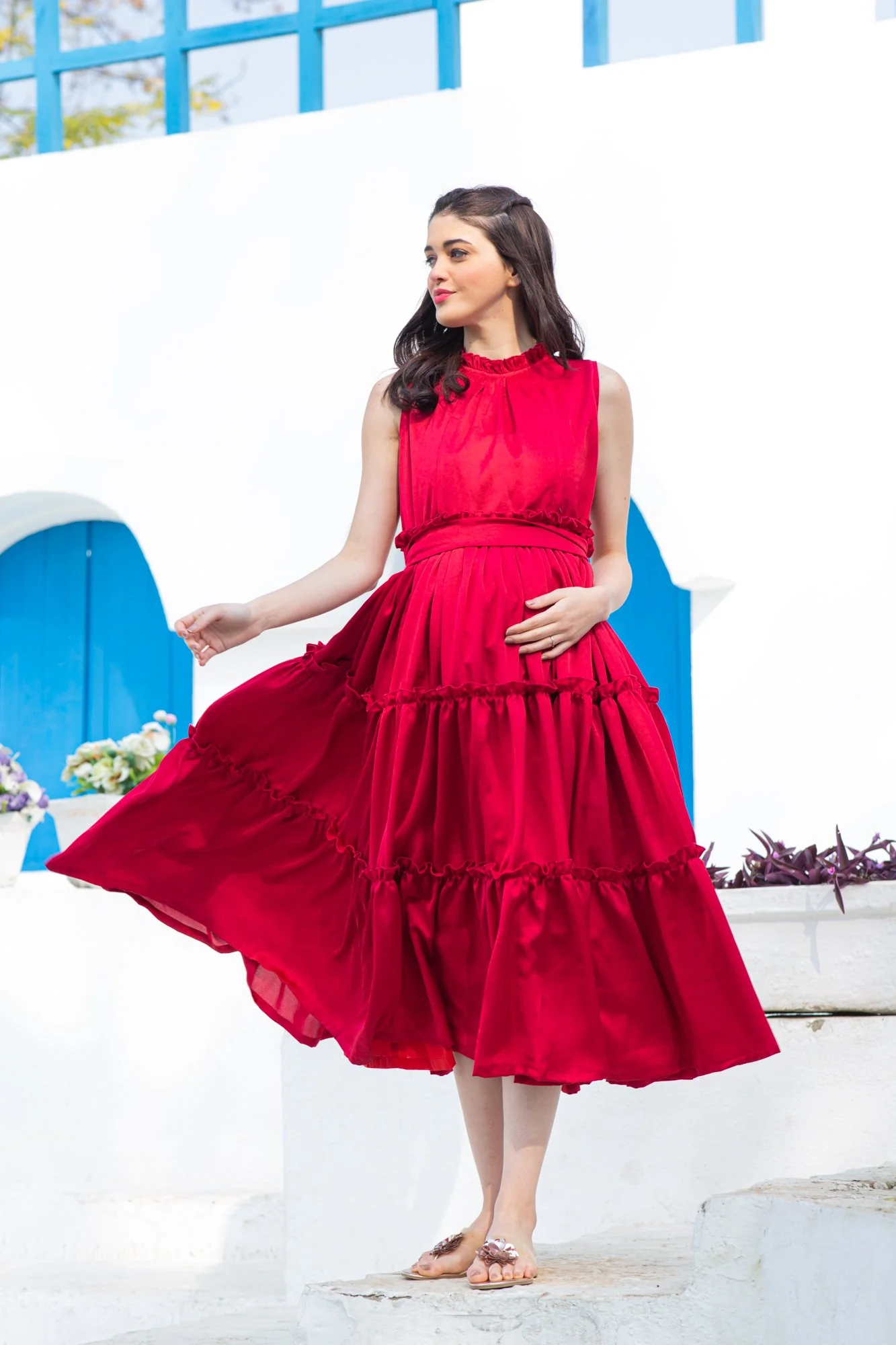 Hot Red Maternity & Nursing Concealed Zips Frill Dress - Chenance