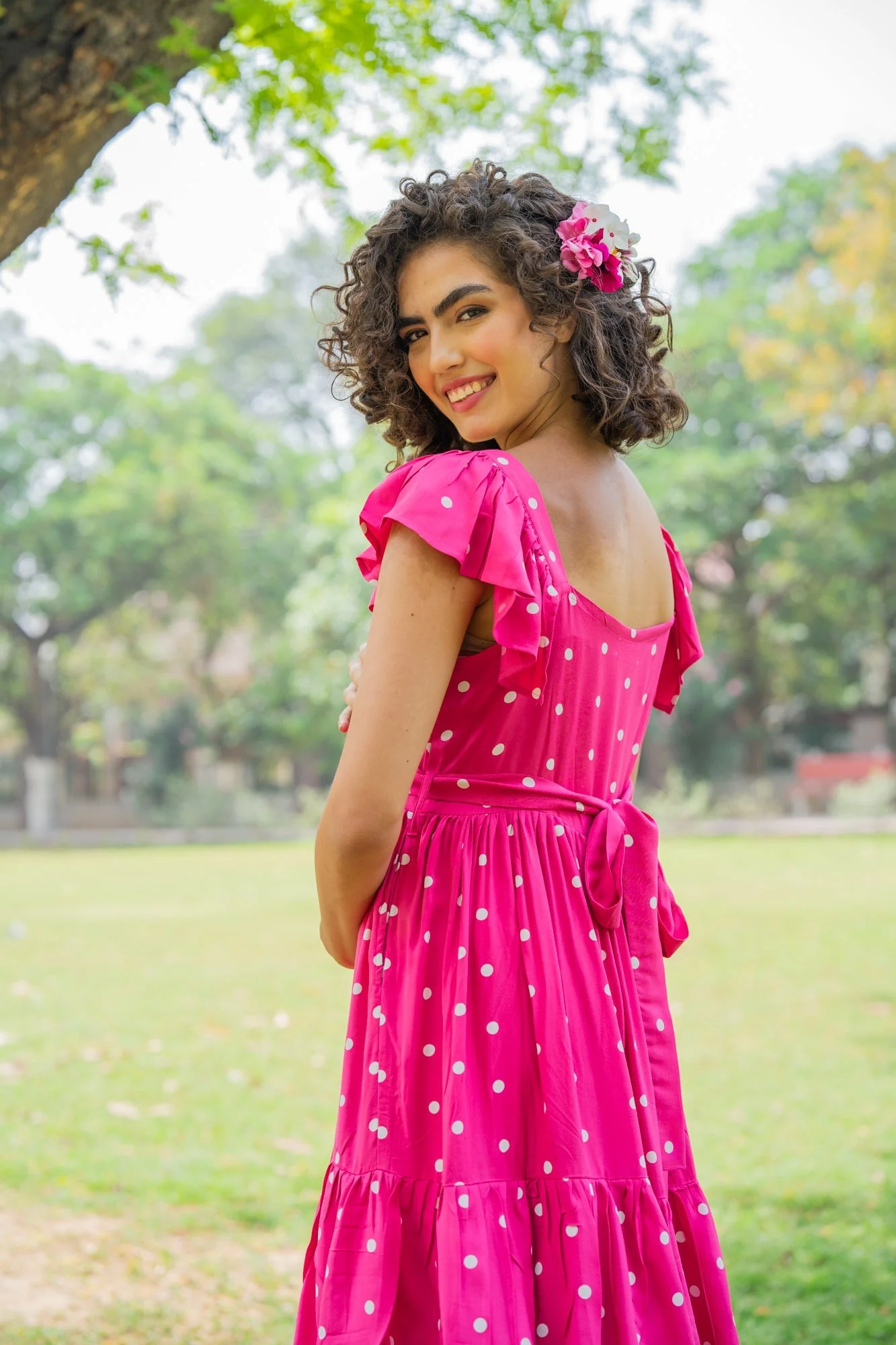 Lovable Fuchsia Baby Polka Maternity & Nursing Frill Dress (100% Cotton) - Chenance