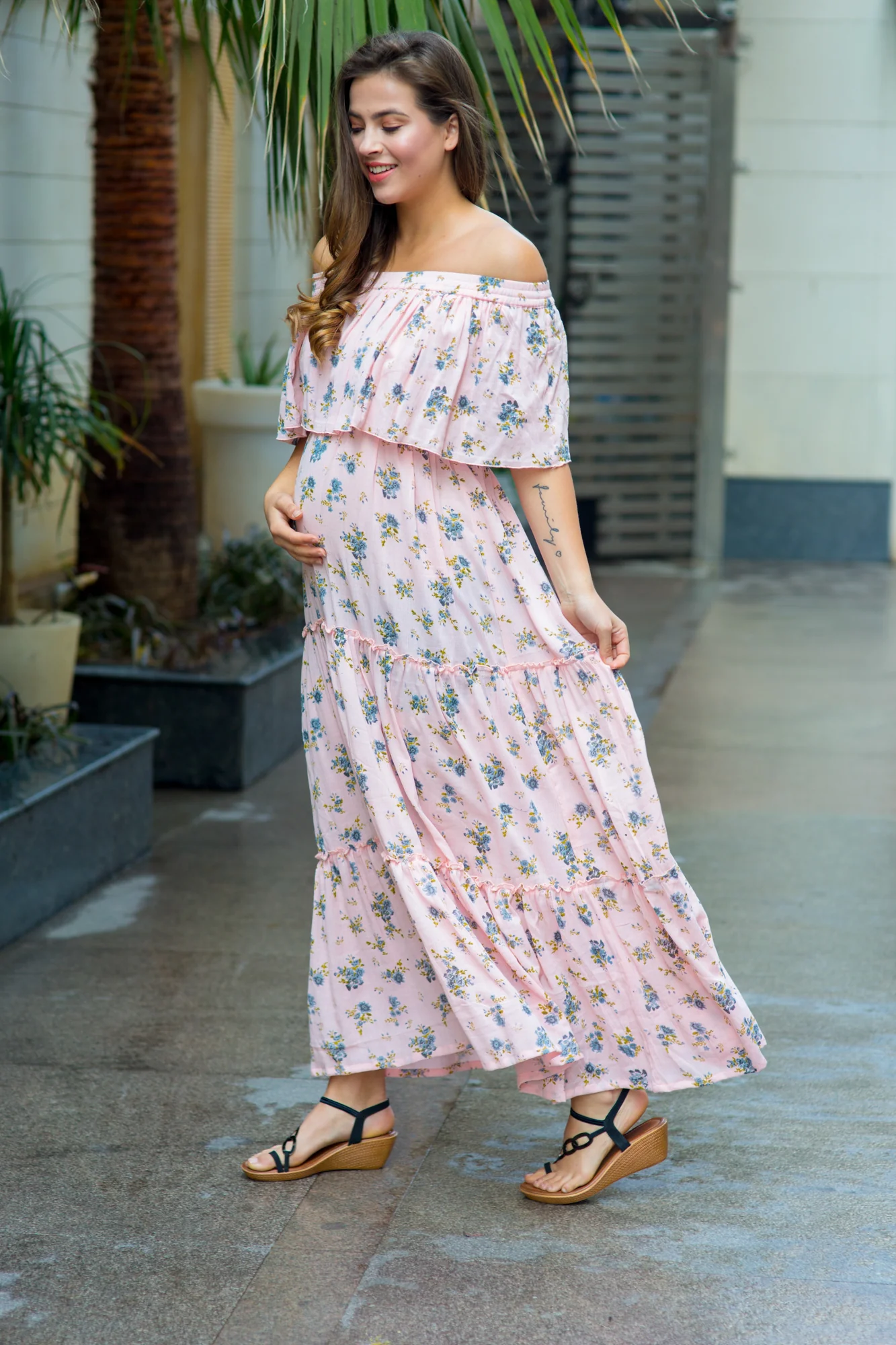 Pastel Rose Peach Off-Shoulder Maternity Maxi - Chenance