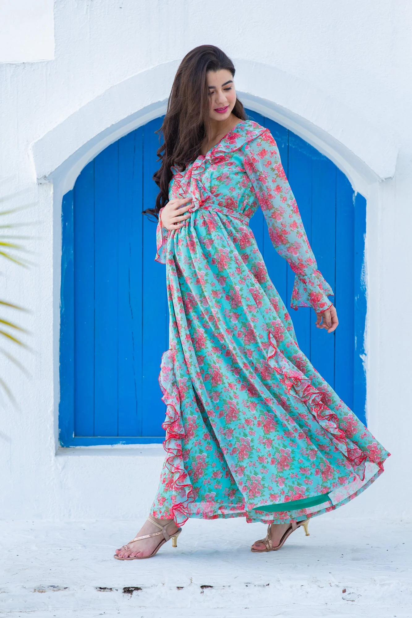 Pretty Aqua Pink Fresh Blossom Maternity Frill Dress - Chenance