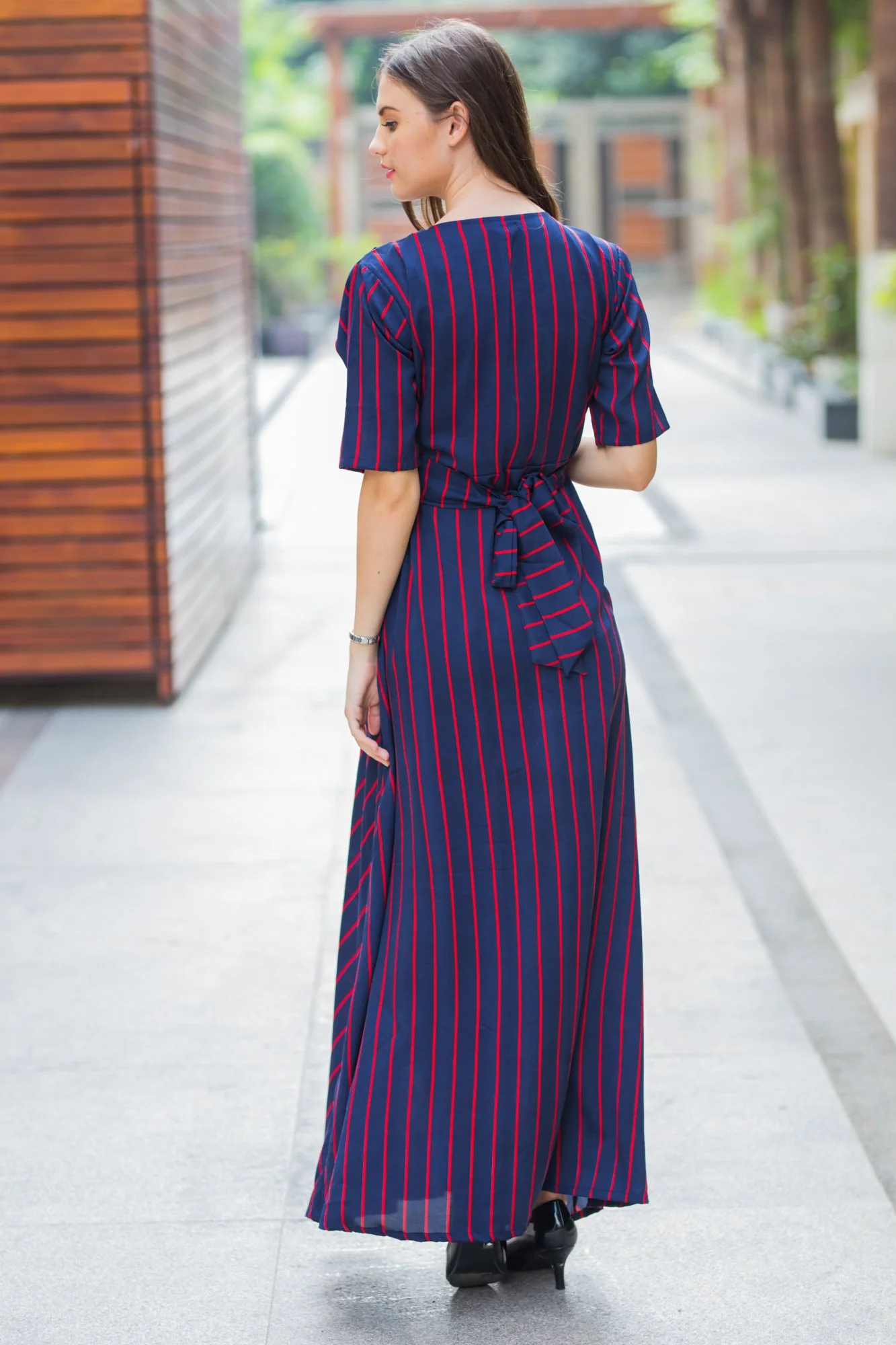 Era Navy Striped Maternity & Nursing Wrap Dress - Chenance