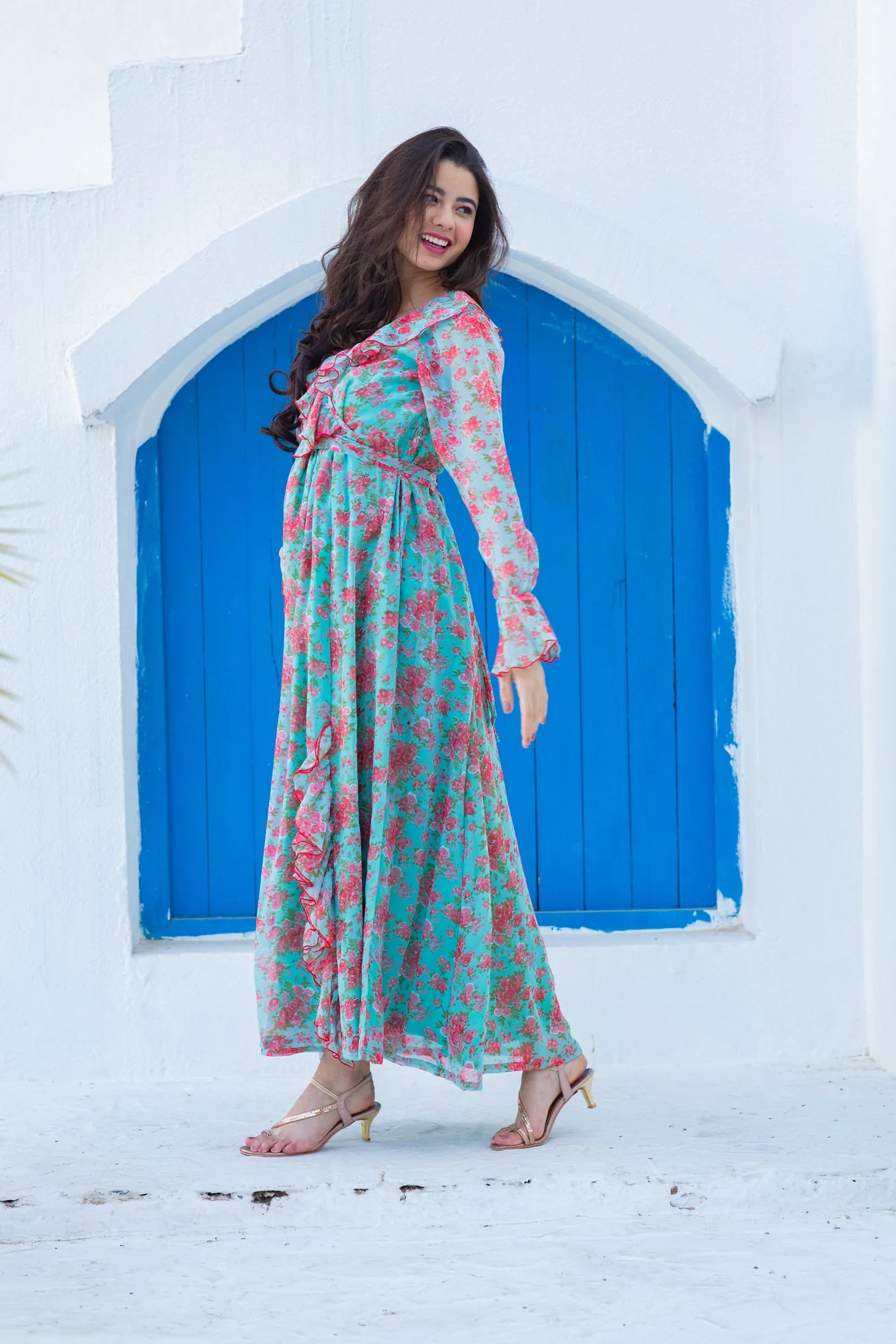 Pretty Aqua Pink Fresh Blossom Maternity Frill Dress - Chenance