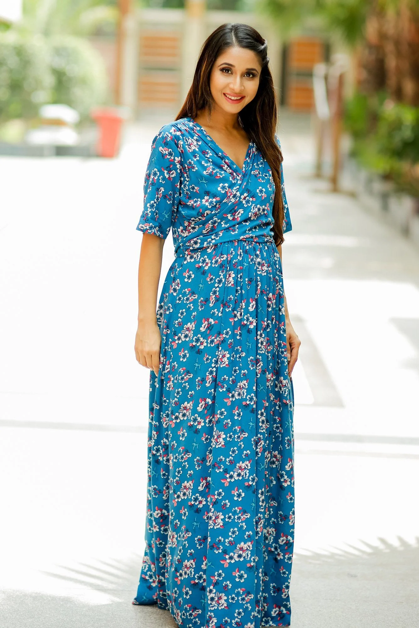 Floral Teal Maternity & Nursing Wrap Dress - Chenance