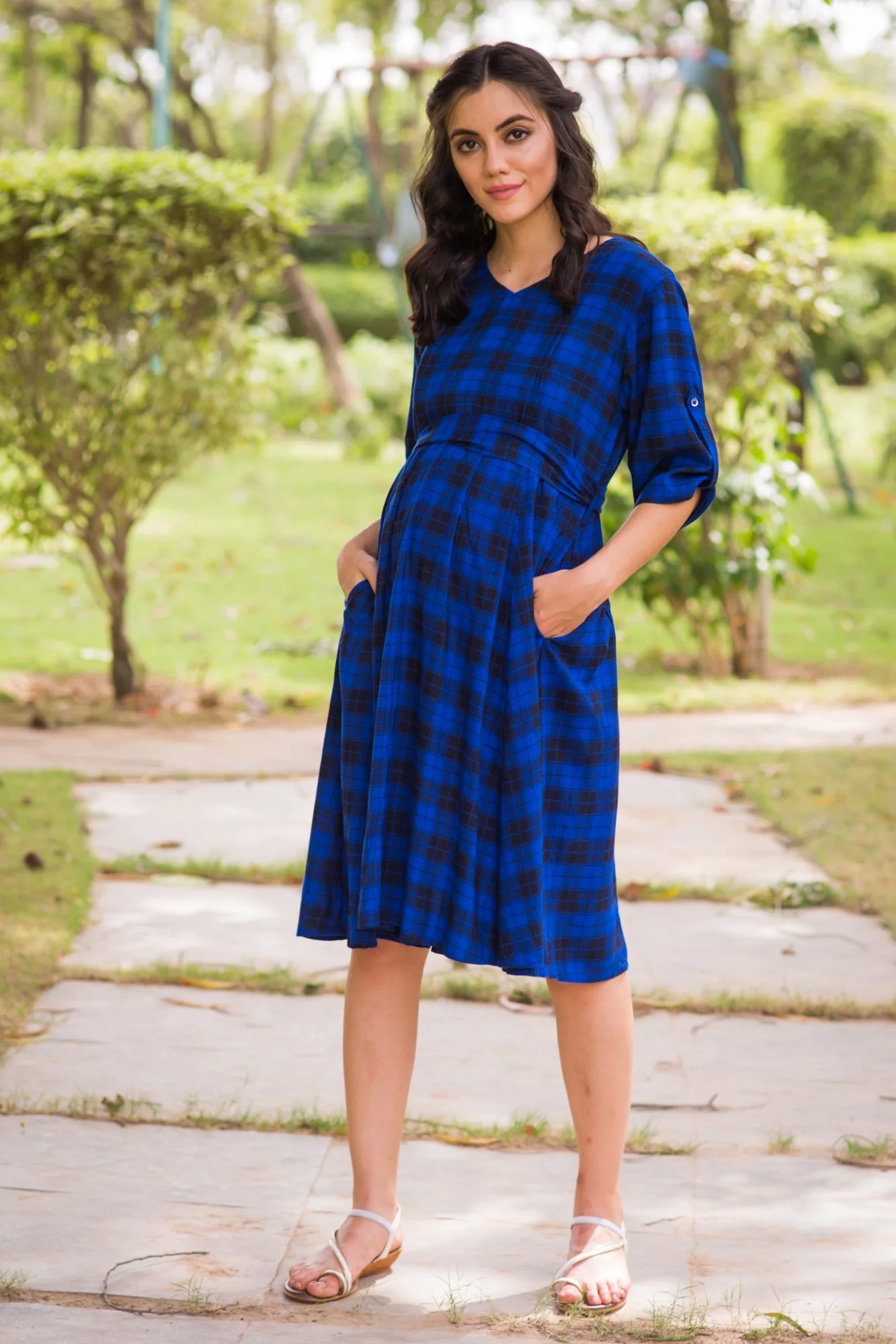 Persian Blue Plaid Maternity & Nursing Dress - Chenance