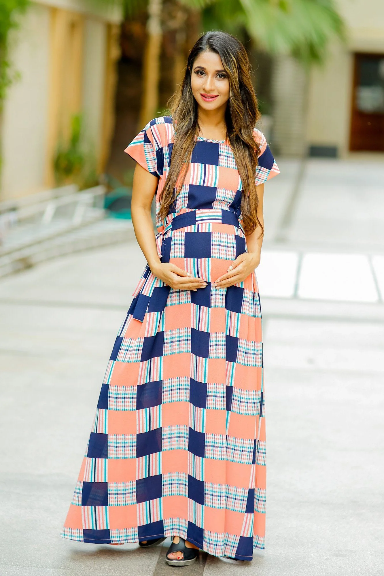 Orange Check Bubble Georgette Concealed Zips Dress - Chenance