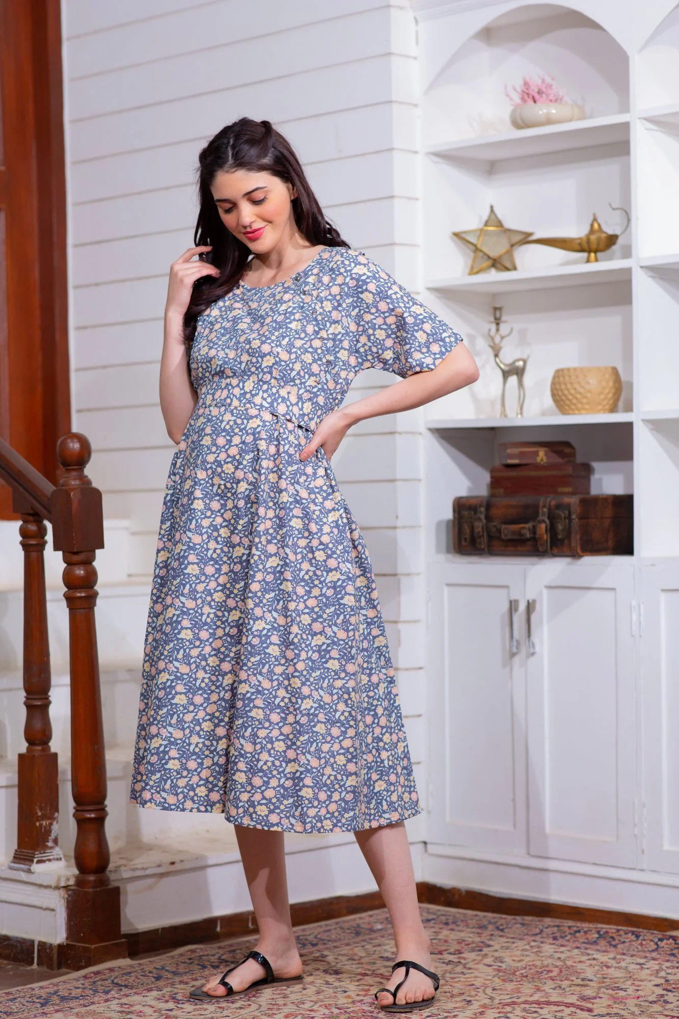 Misty Floral Shoulder Snap Maternity & Nursing Dress / Delivery Gown/ Night Dress - Chenance
