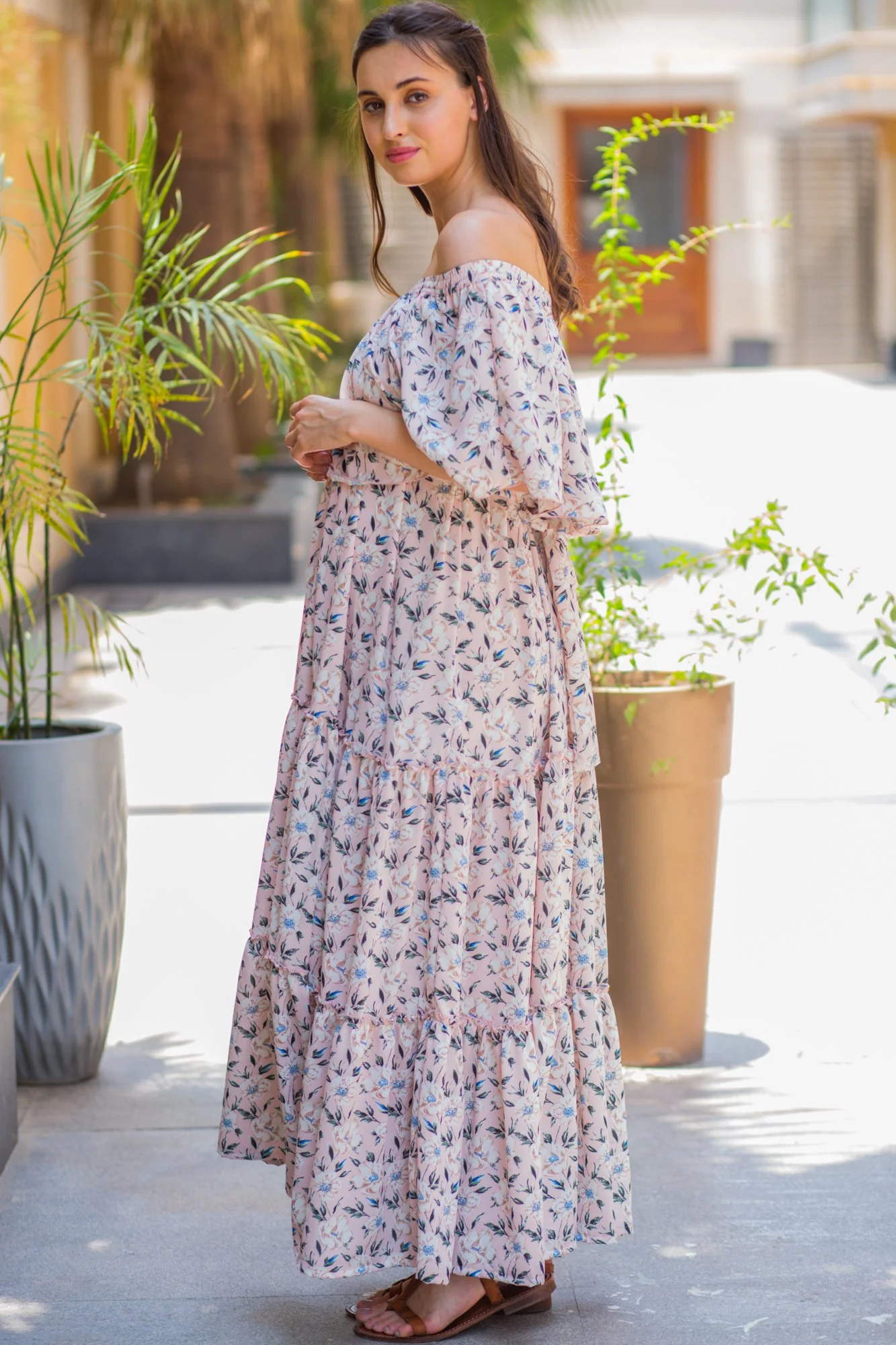 Pristine Pink Off-Shoulder Maternity Maxi - Chenance