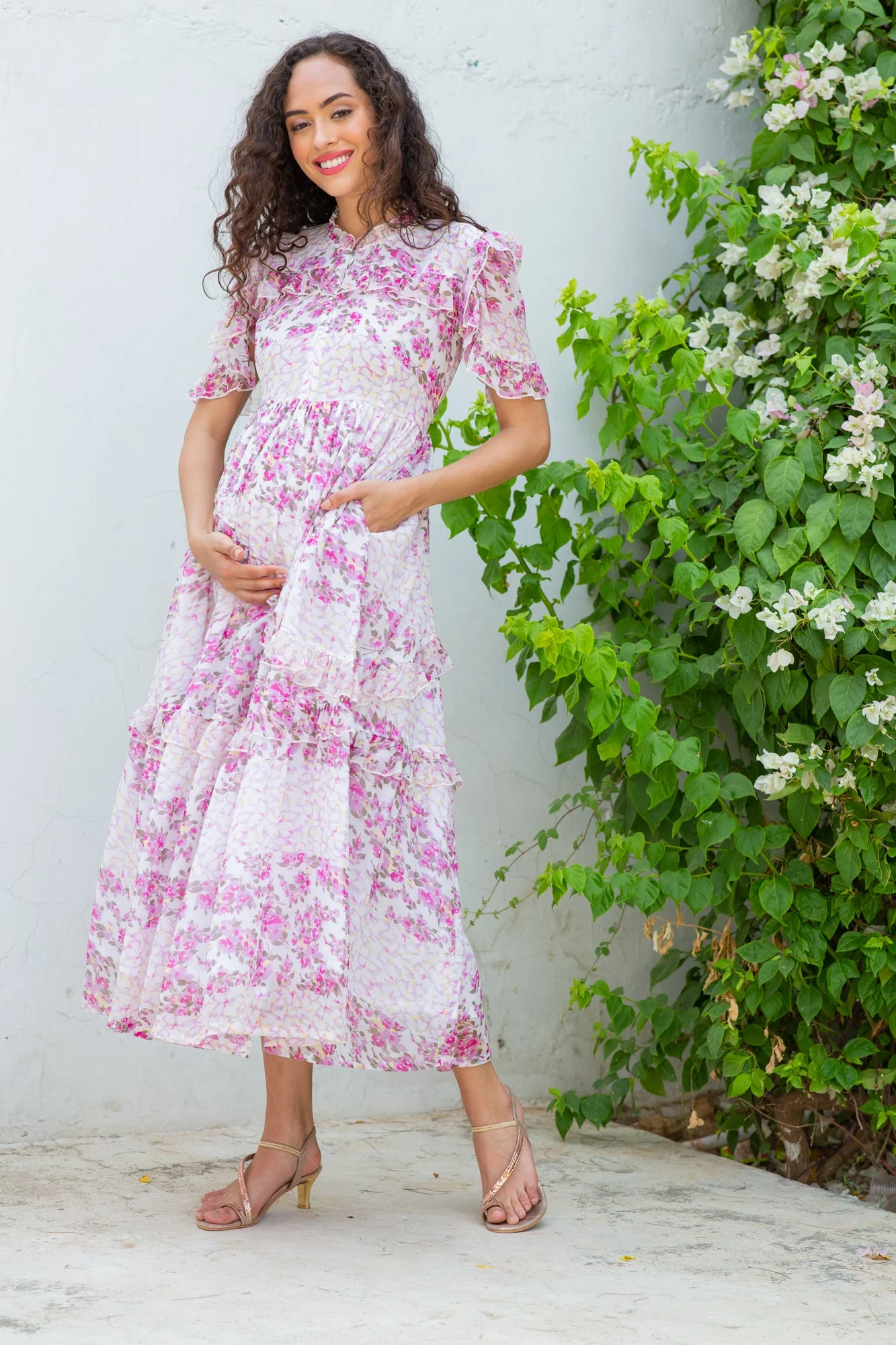 Winsome French Rose Floral Maternity & Nursing Frill Dress - Chenance
