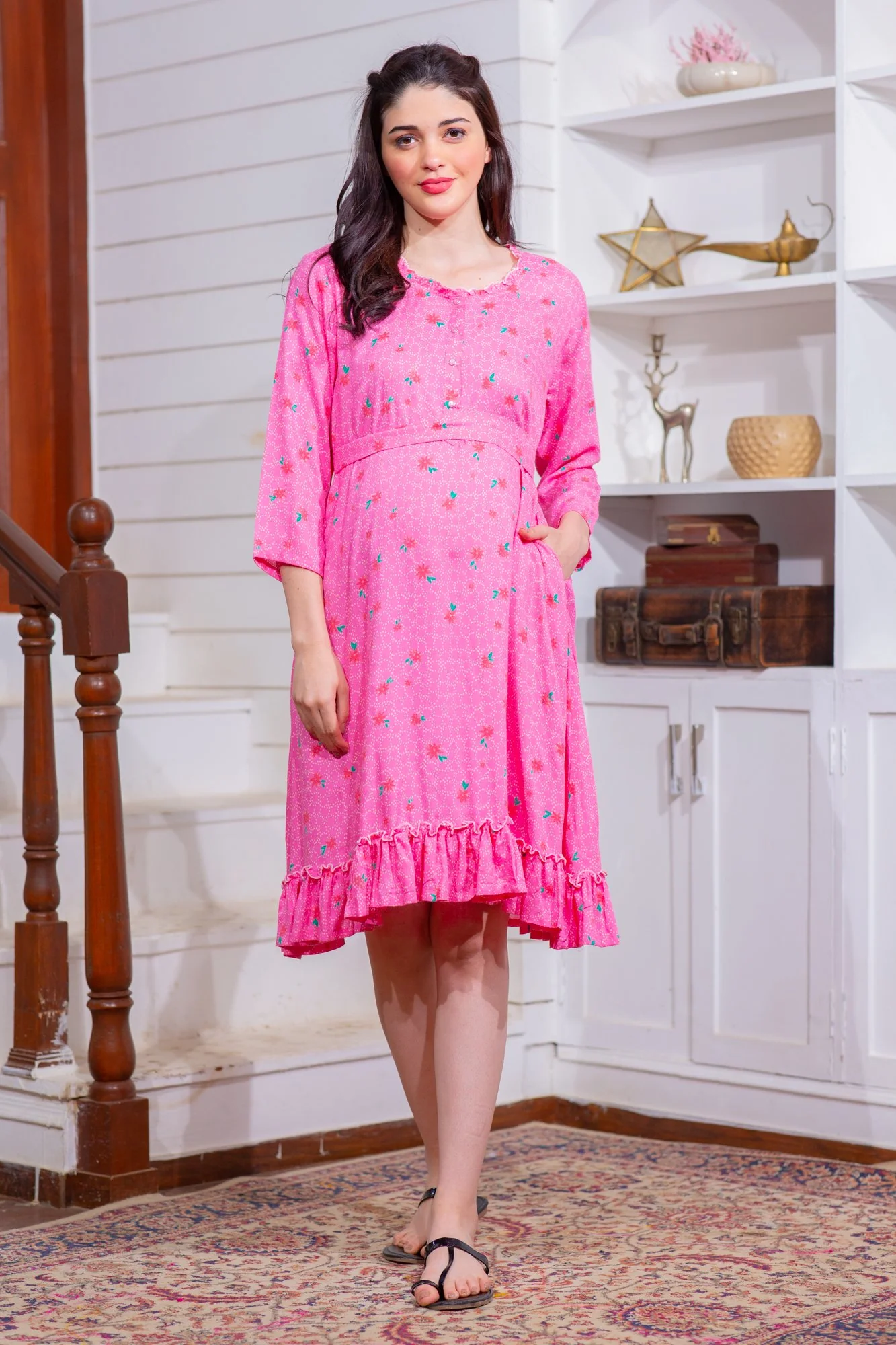 Adorable Pink Rose Maternity & Nursing Night Dress - Chenance