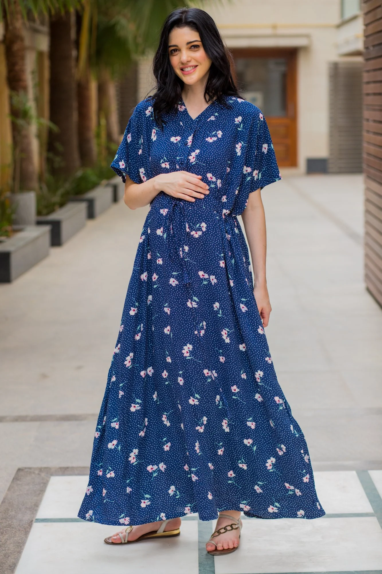 Kimono Floral Blue Maternity & Nursing Dress / Delivery Gown/ Night Dress - Chenance