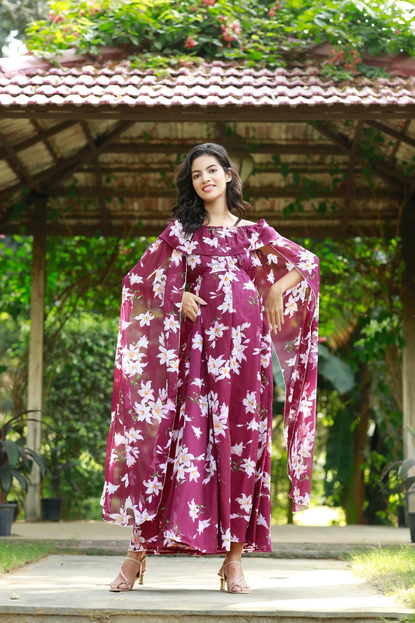 Burgundy Cascading Floral Flying Sleeves Maternity & Nursing Dress - Chenance