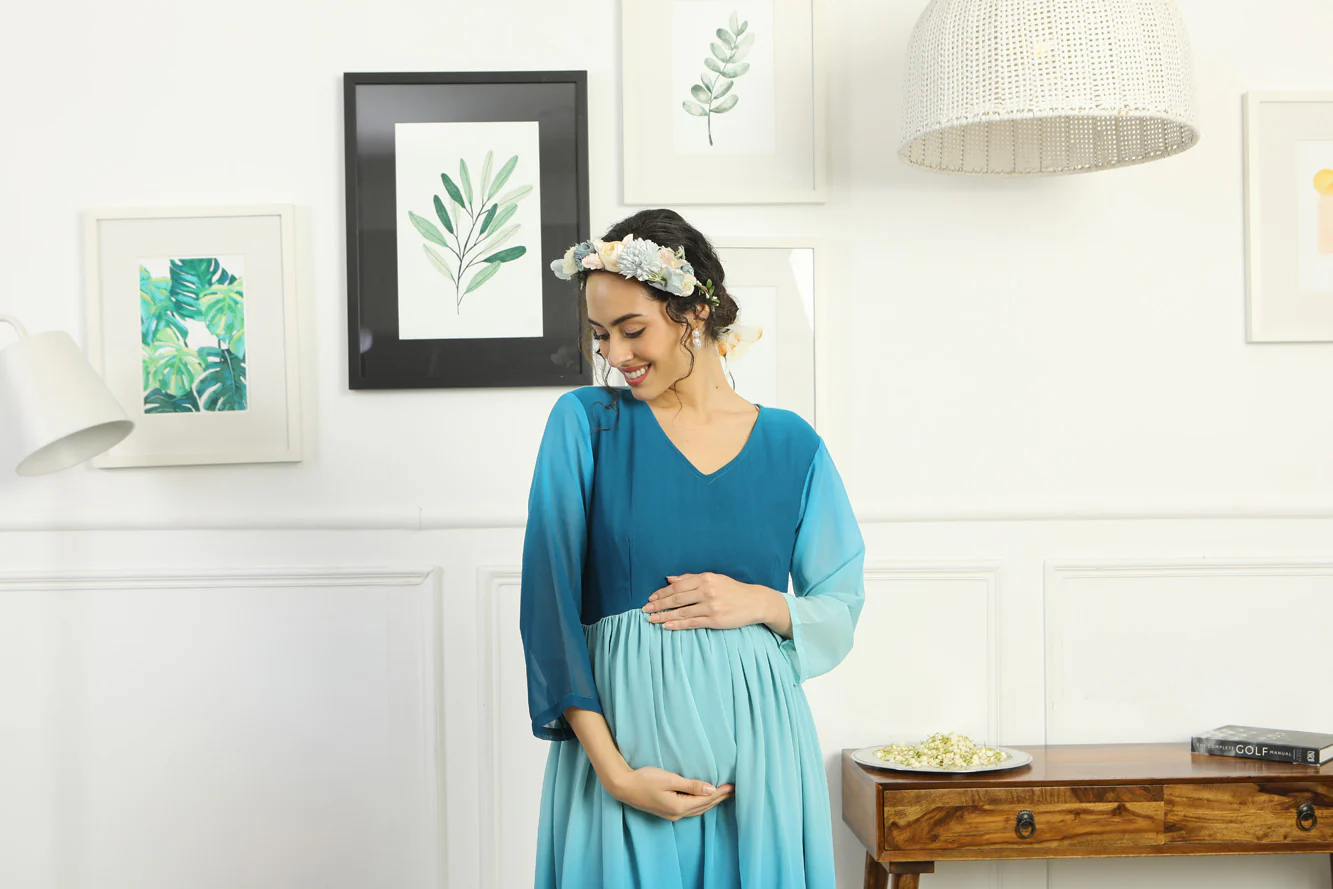 Paradise Blue Monochromatic Maternity Flow Maxi Dress - Chenance