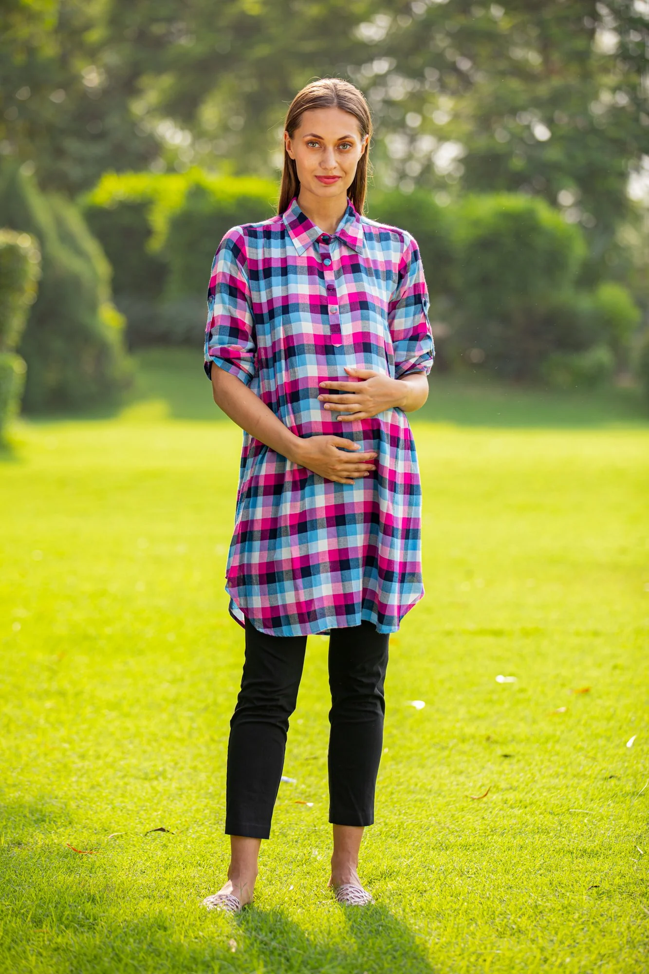 French Rose Plaid Versatile Maternity & Nursing Shirt Dress - Chenance