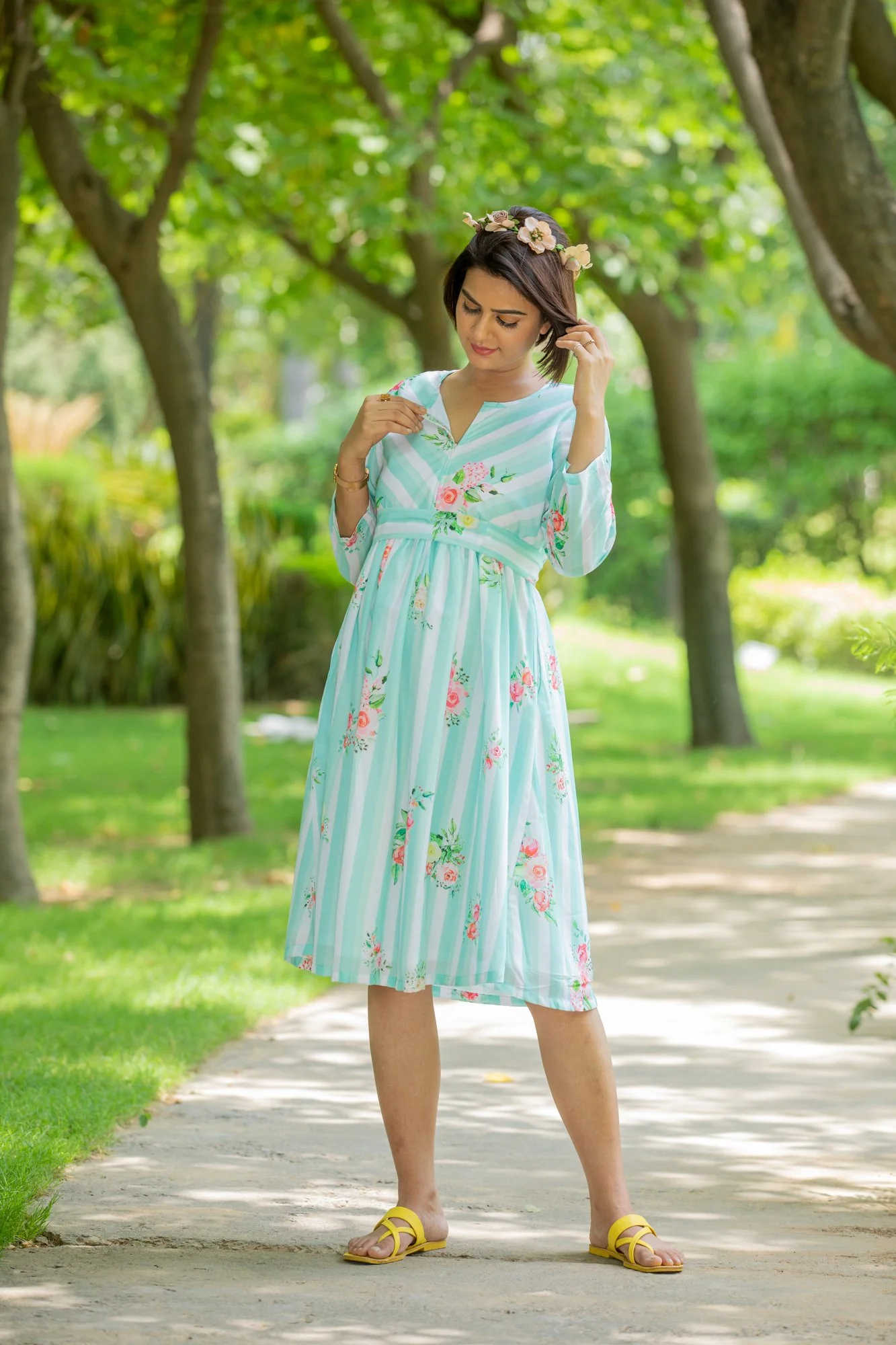 Mint Floral Striped Maternity & Nursing Dress - Chenance