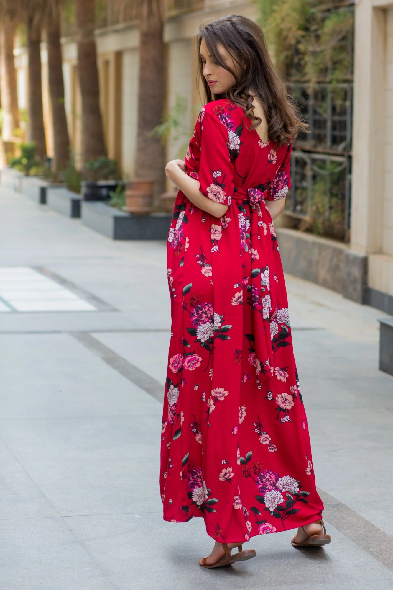 Luxe Red Floral Bubble Georgette Maternity & Nursing Wrap Dress - Chenance