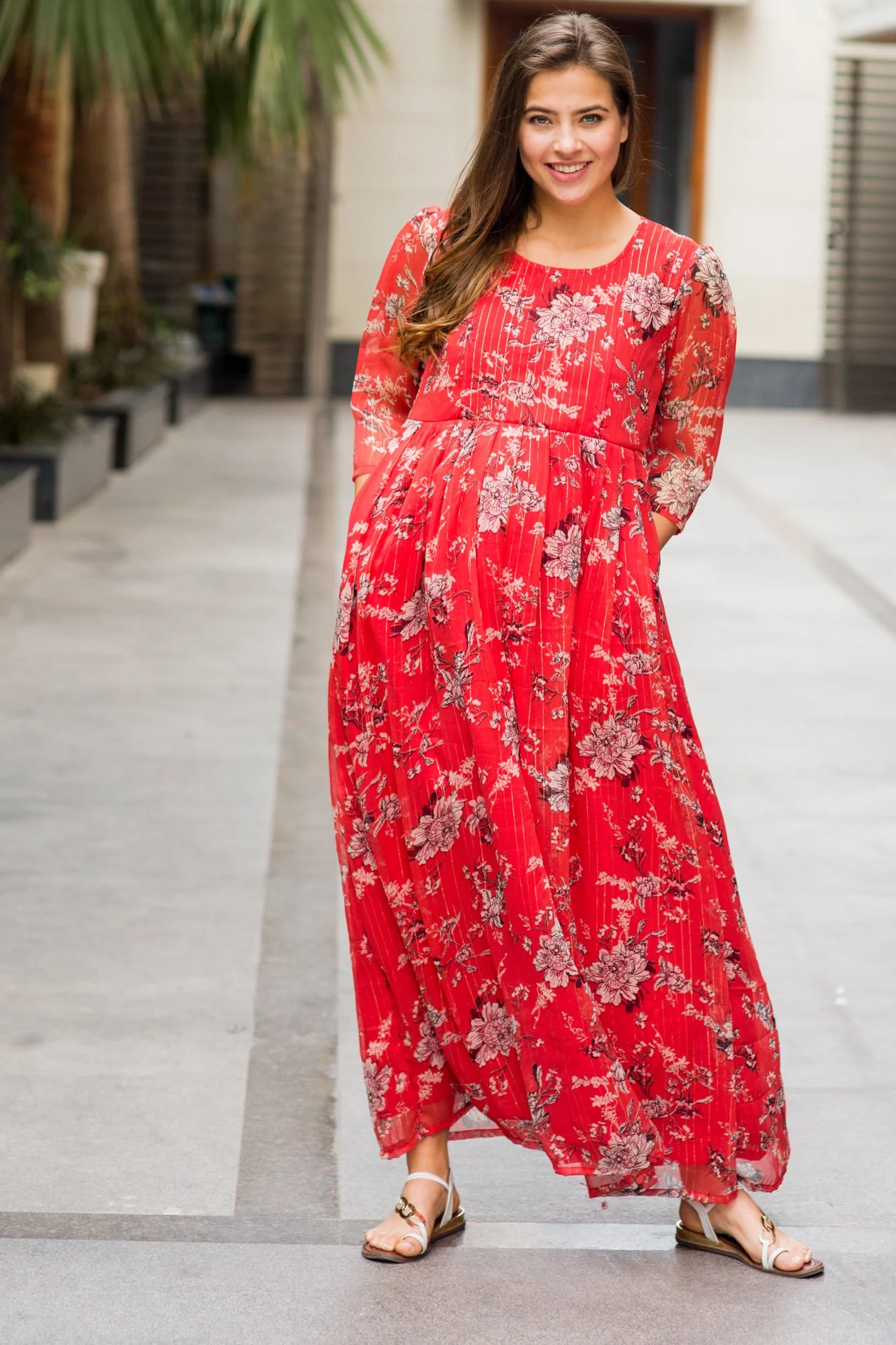 Luxe Chiffon Tangerine Floral Maternity & Nursing Dress - Chenance