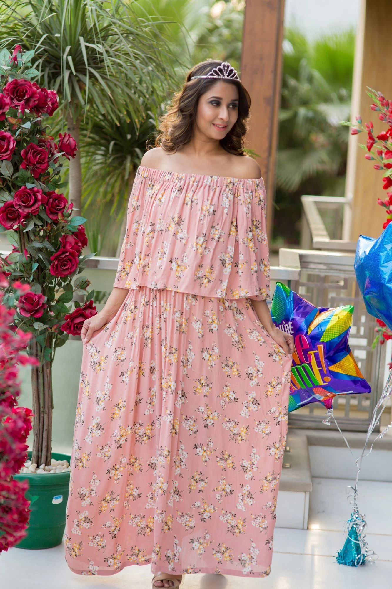 Pink Floral Off-Shoulder Maternity Maxi Dress - Chenance