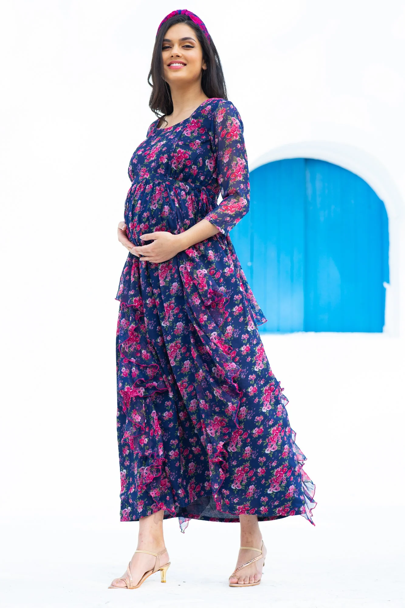 Midnight Bloom Maternity & Nursing Flow Dress - Chenance
