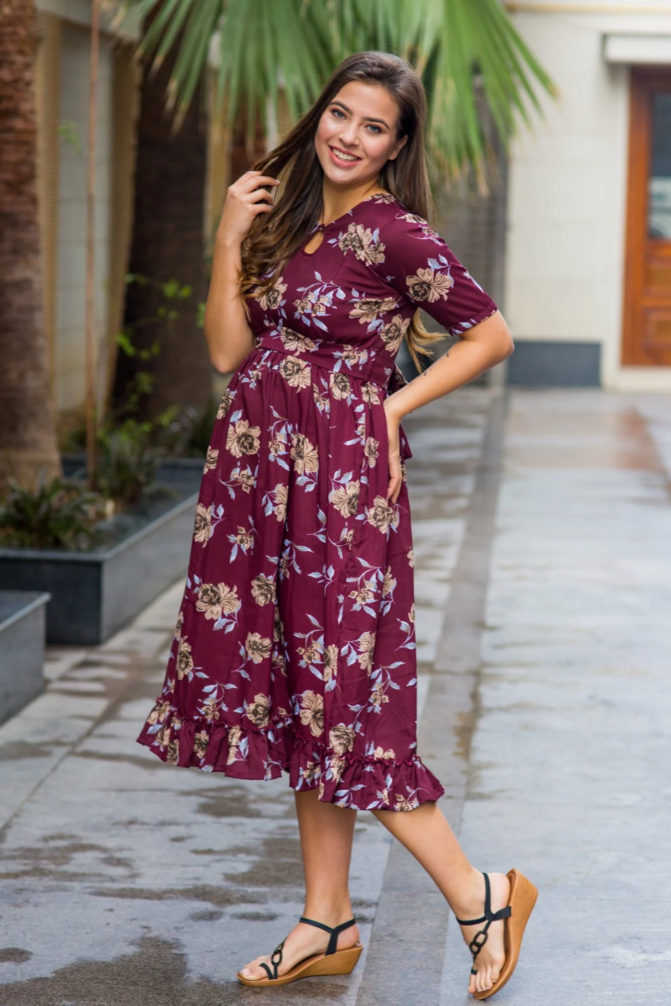 Burgandy Floral Frill Crepe Concealed Zips Maternity & Nursing Dress - Chenance