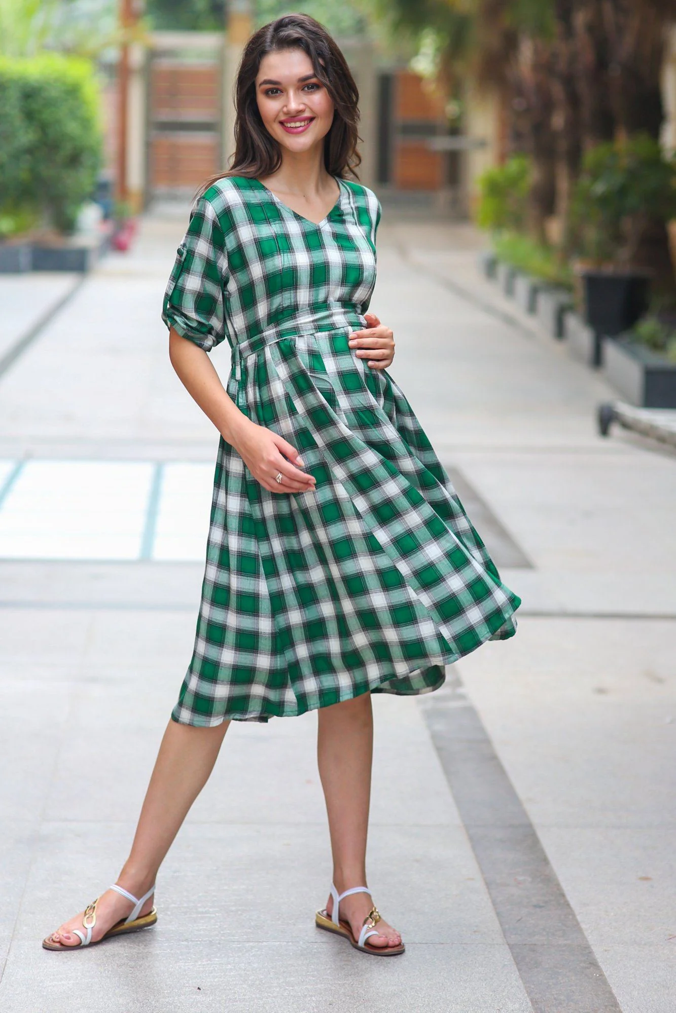 Forest Green Plaid Maternity & Nursing Dress - Chenance