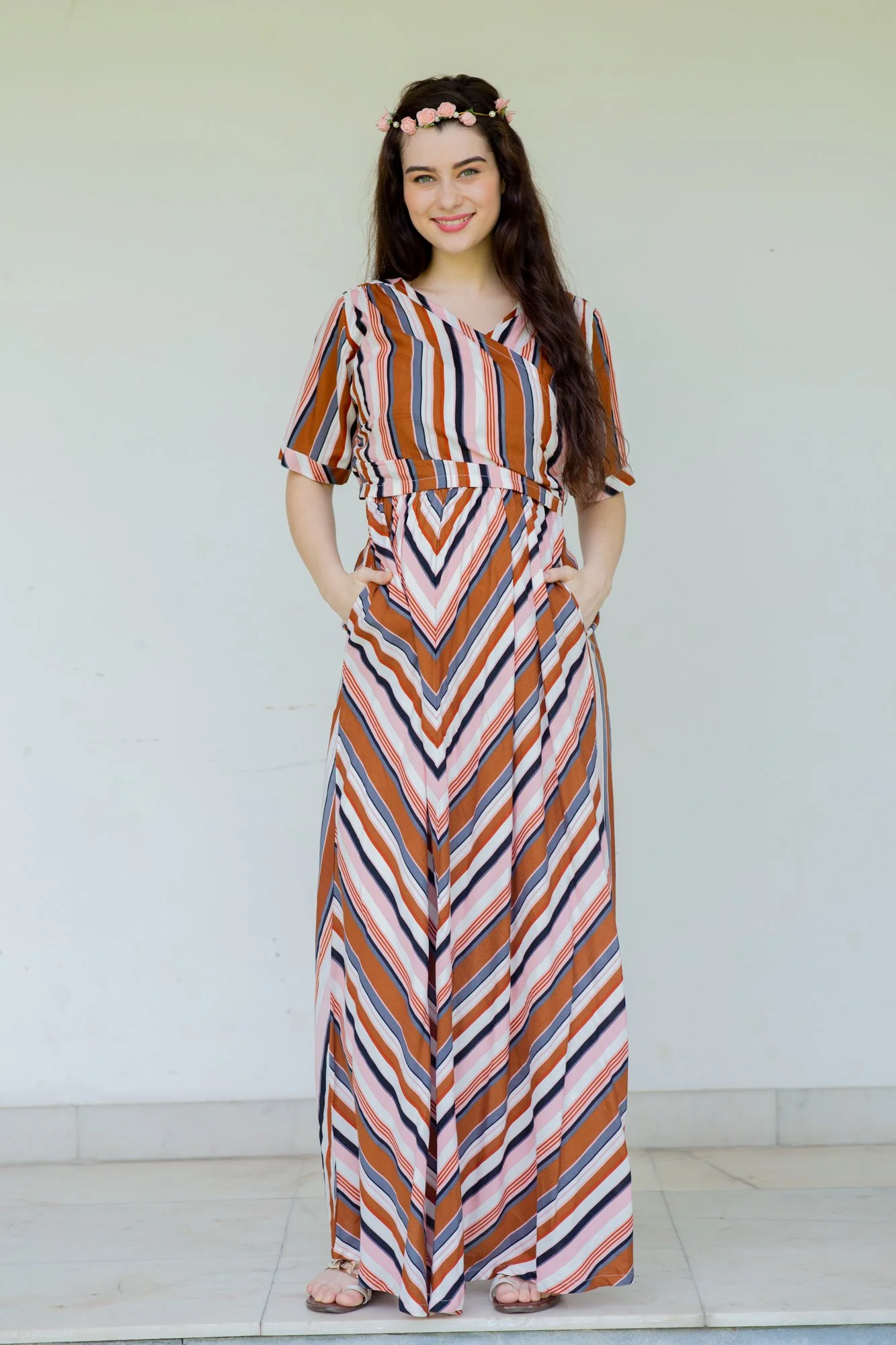 Rainbow Striped Maternity & Nursing Wrap Dress - Chenance