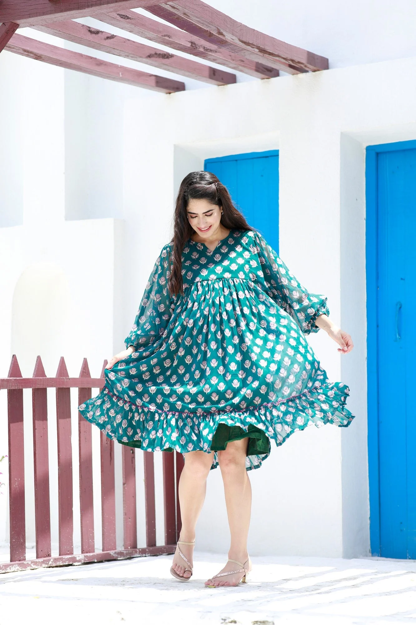 Breezy Emerald Floral Maternity Knee Frill Dress - Chenance