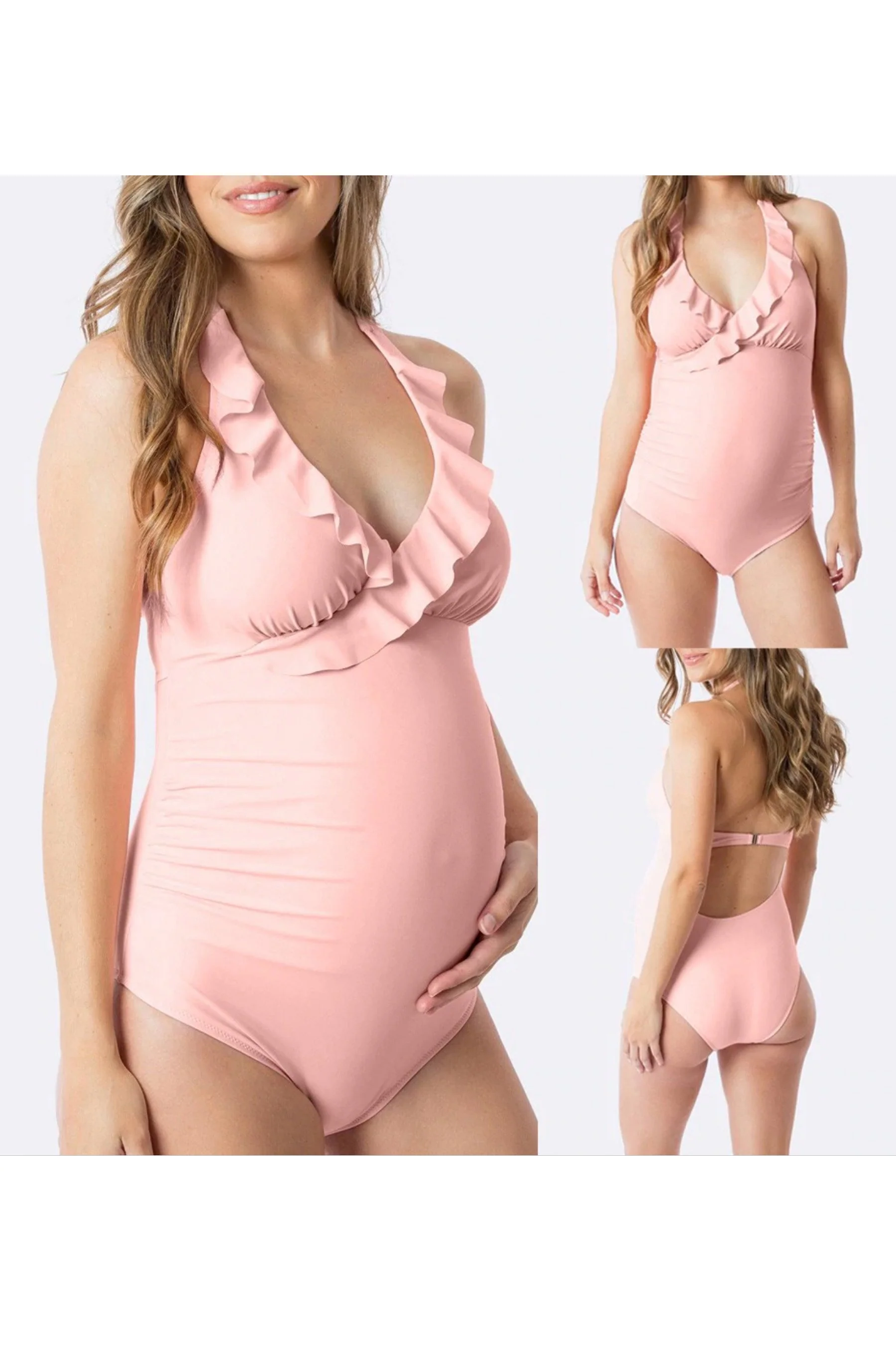 Peachy Ruffled Halter Maternity Swimwear - Chenance