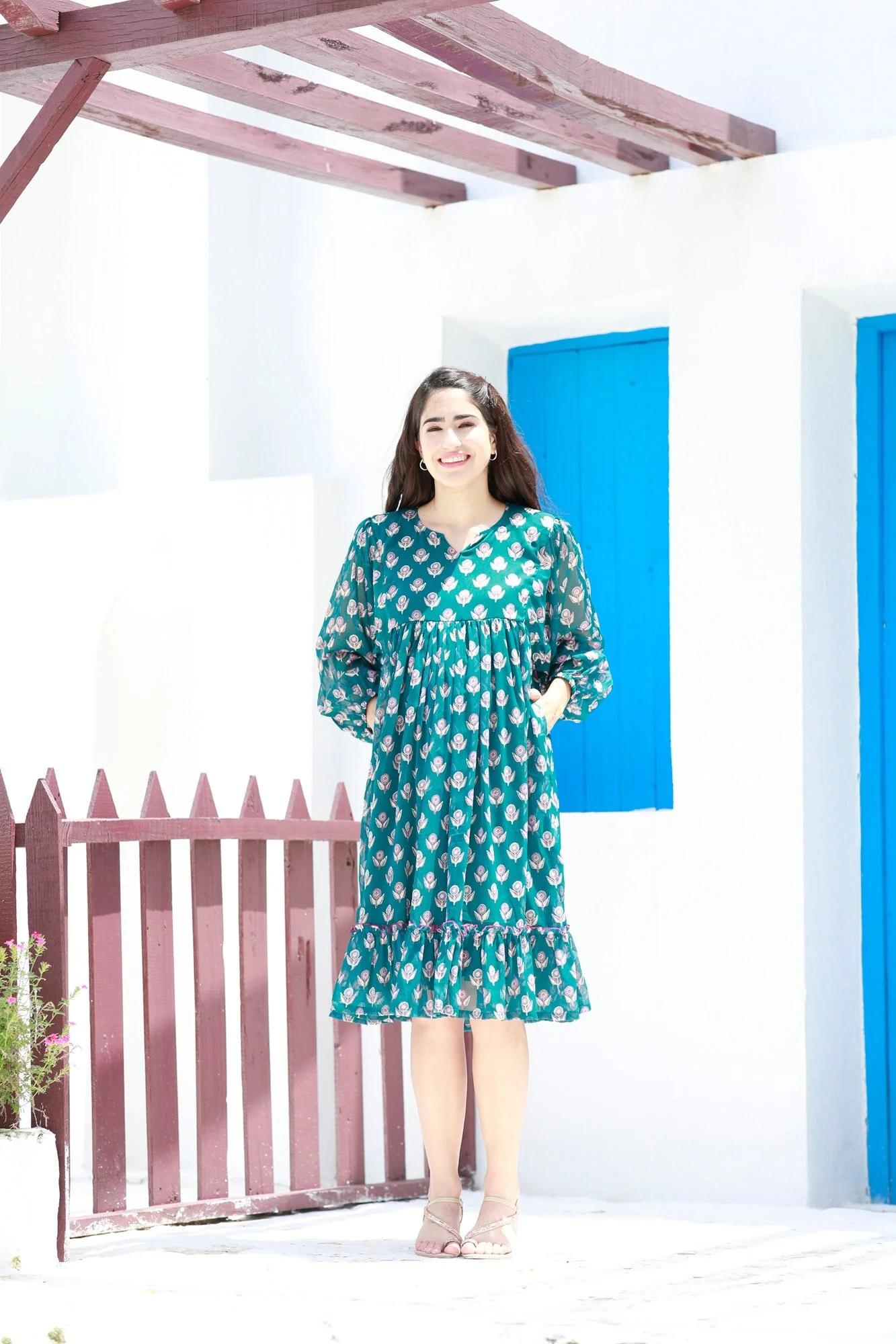 Breezy Emerald Floral Maternity Knee Frill Dress - Chenance