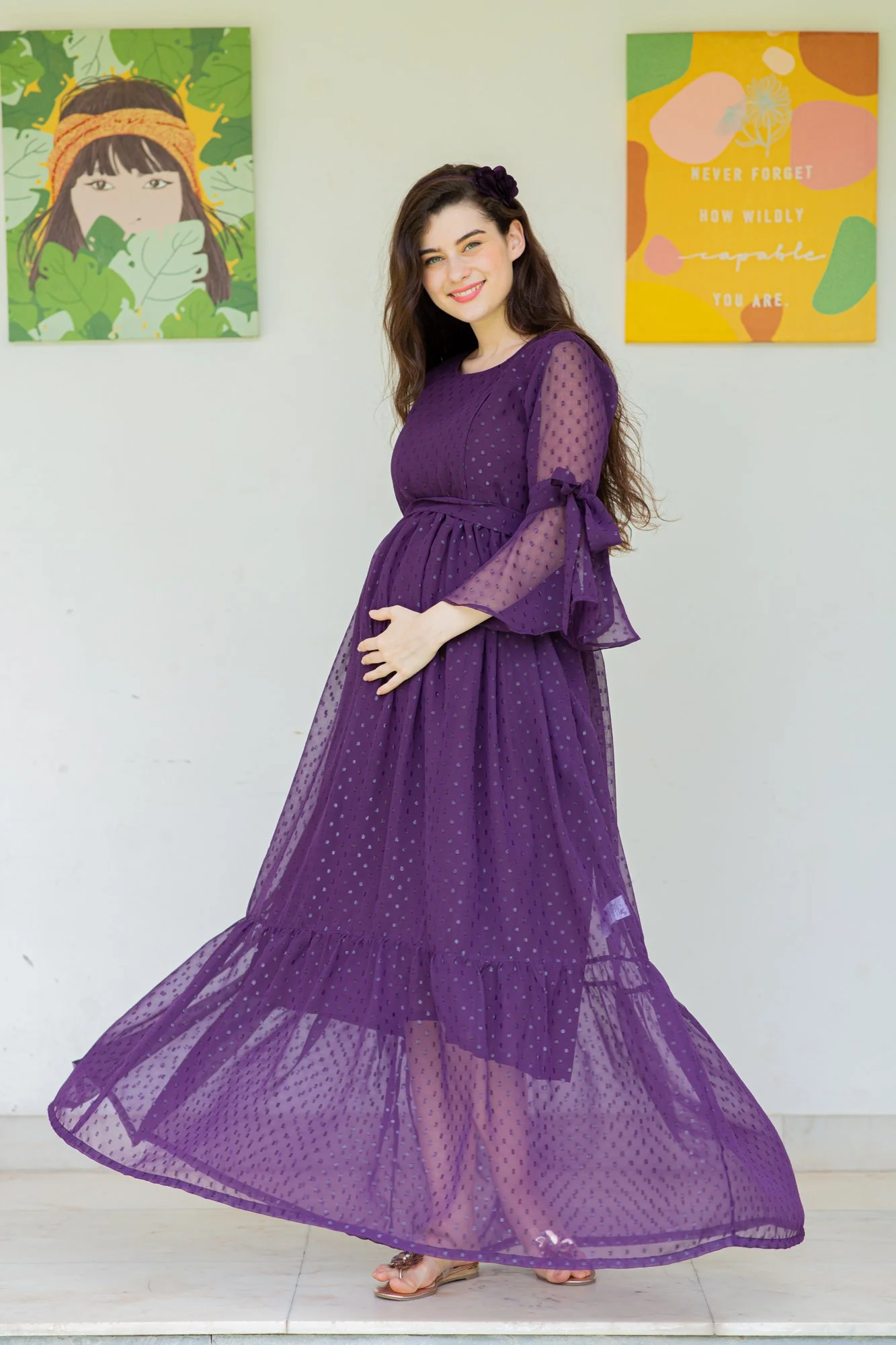 Brinjal Purple Maternity & Nursing Frill Dress - Chenance