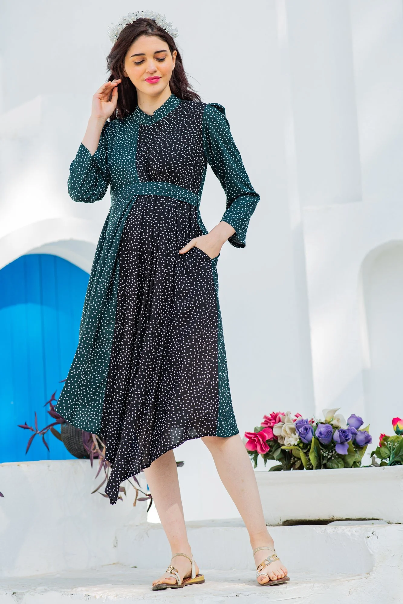 Asymmetrical Jade Green High Neck Maternity & Nursing Dress - Chenance