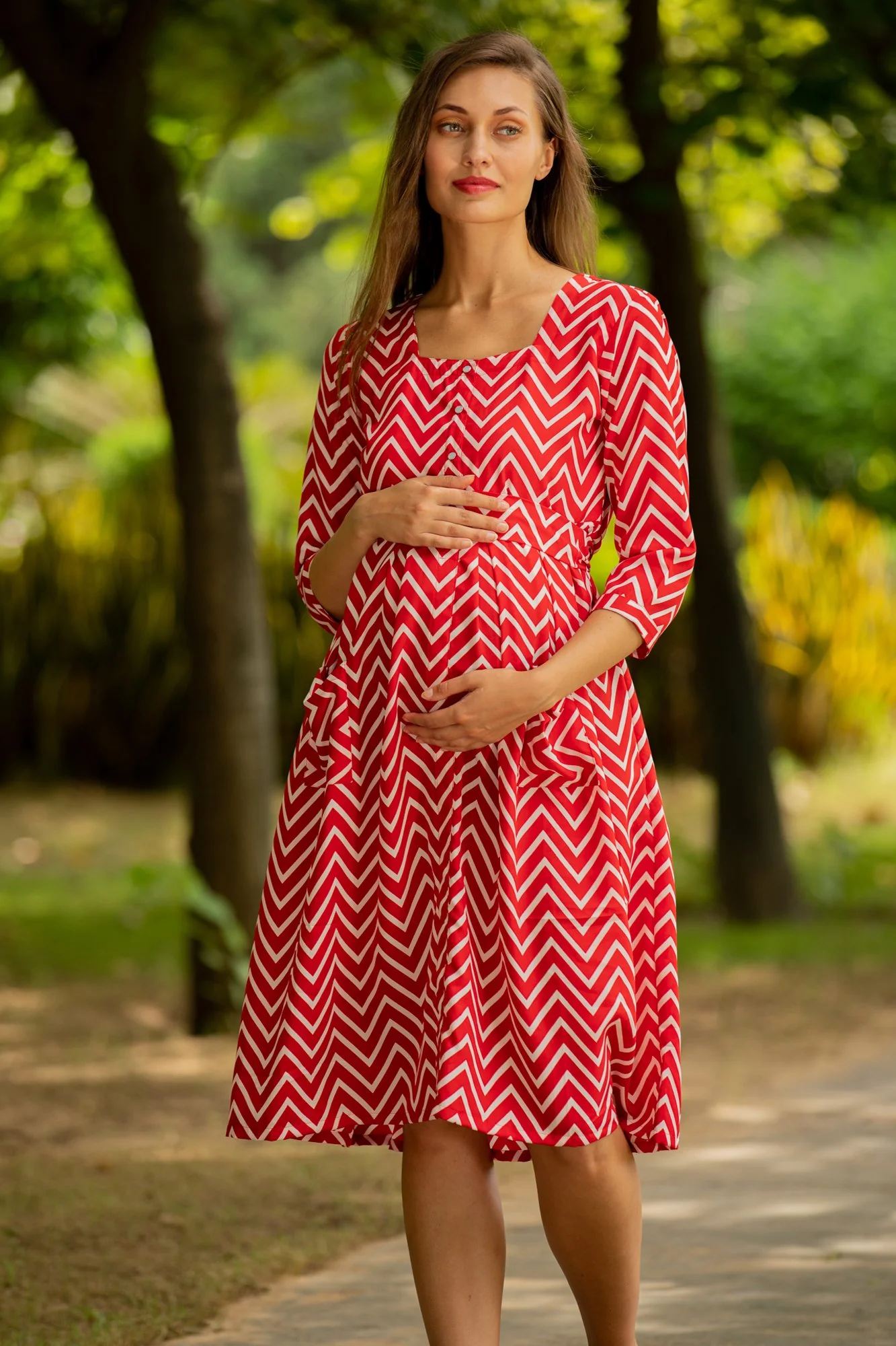 Red Zig Zag Pocket Maternity & Nursing Dress - Chenance
