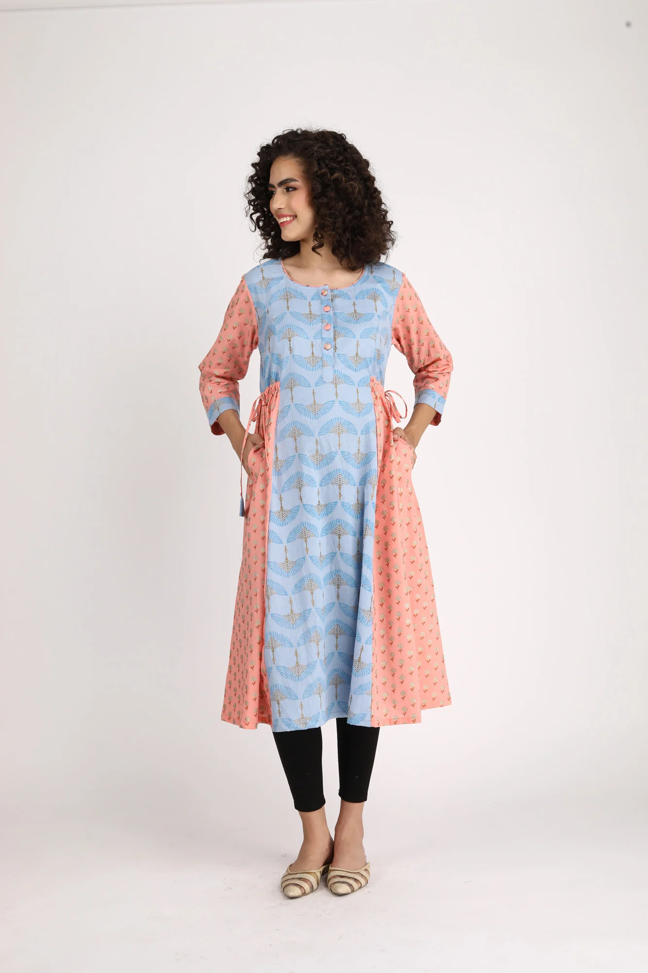 Ice Blue Gold Peach Maternity & Nursing Side Tie Kurta Dress (100% Cotton) - Chenance