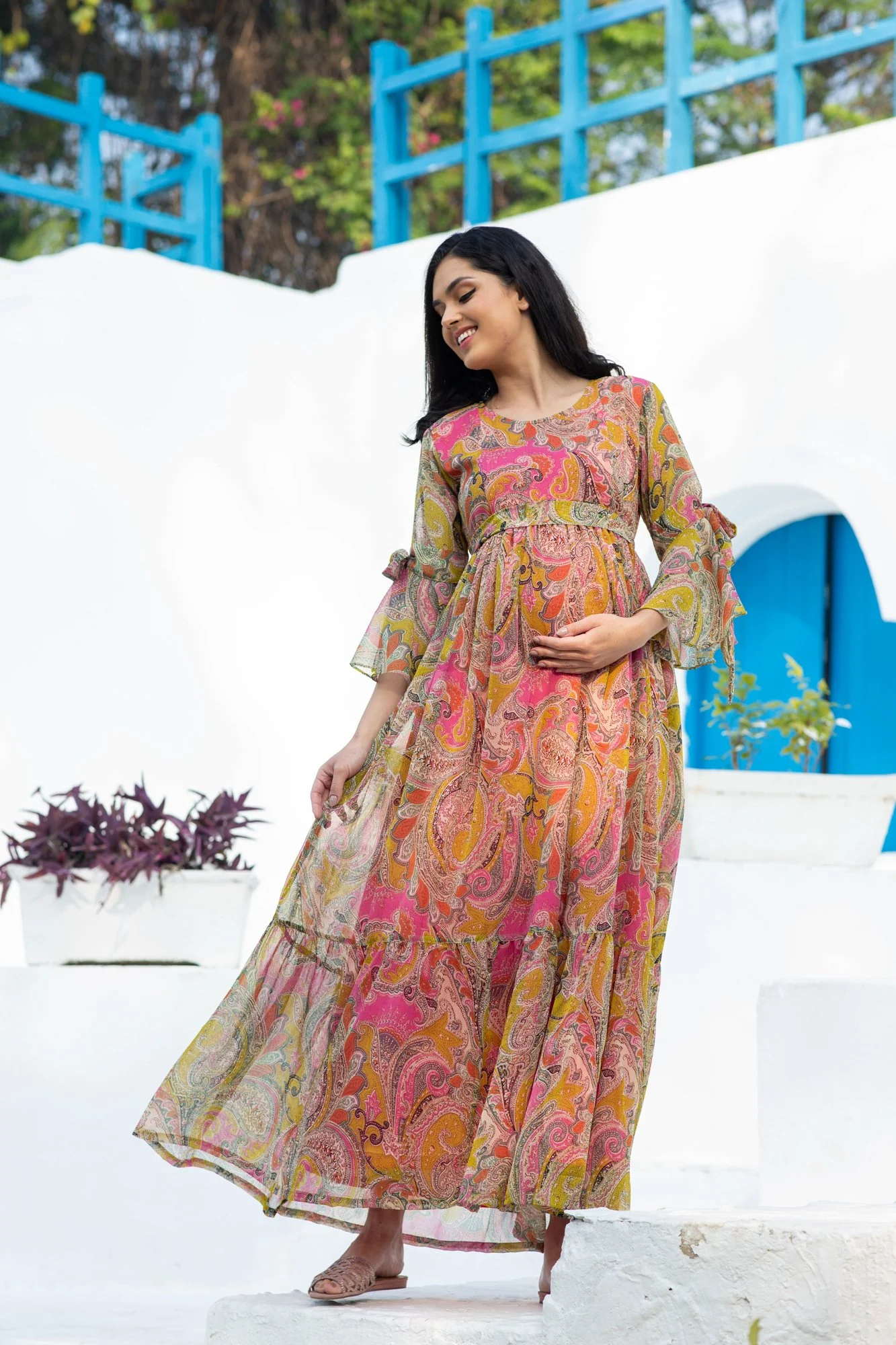 Rosy Paisley Maternity & Nursing Frill Dress - Chenance