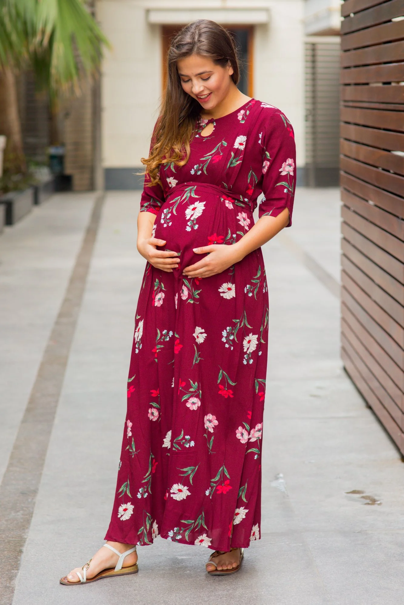 Burgundy Floral Side Slit Concealed Zips Feeding Dress - Chenance