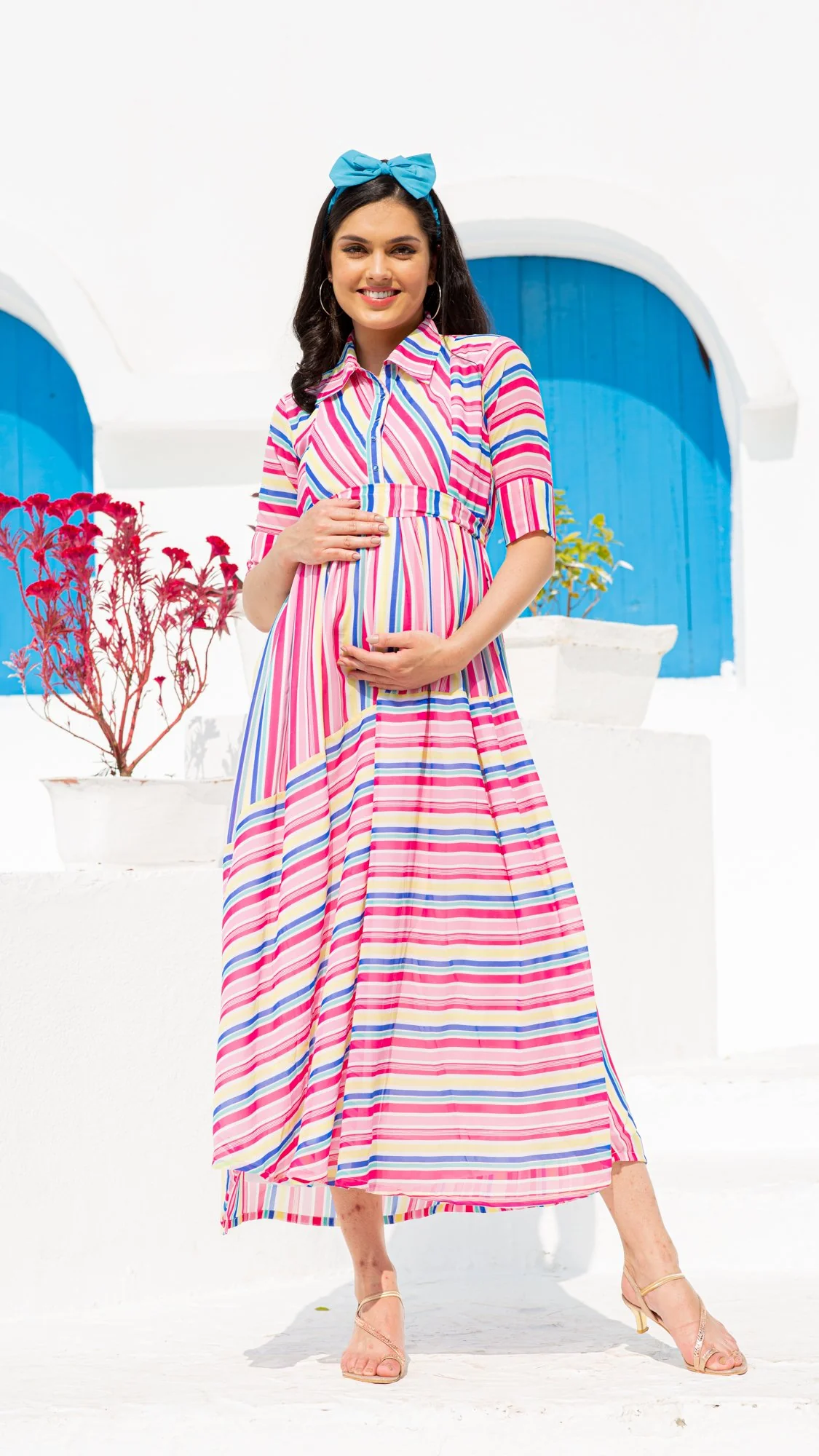 Vibrant Striped Maternity & Nursing Dress - Chenance