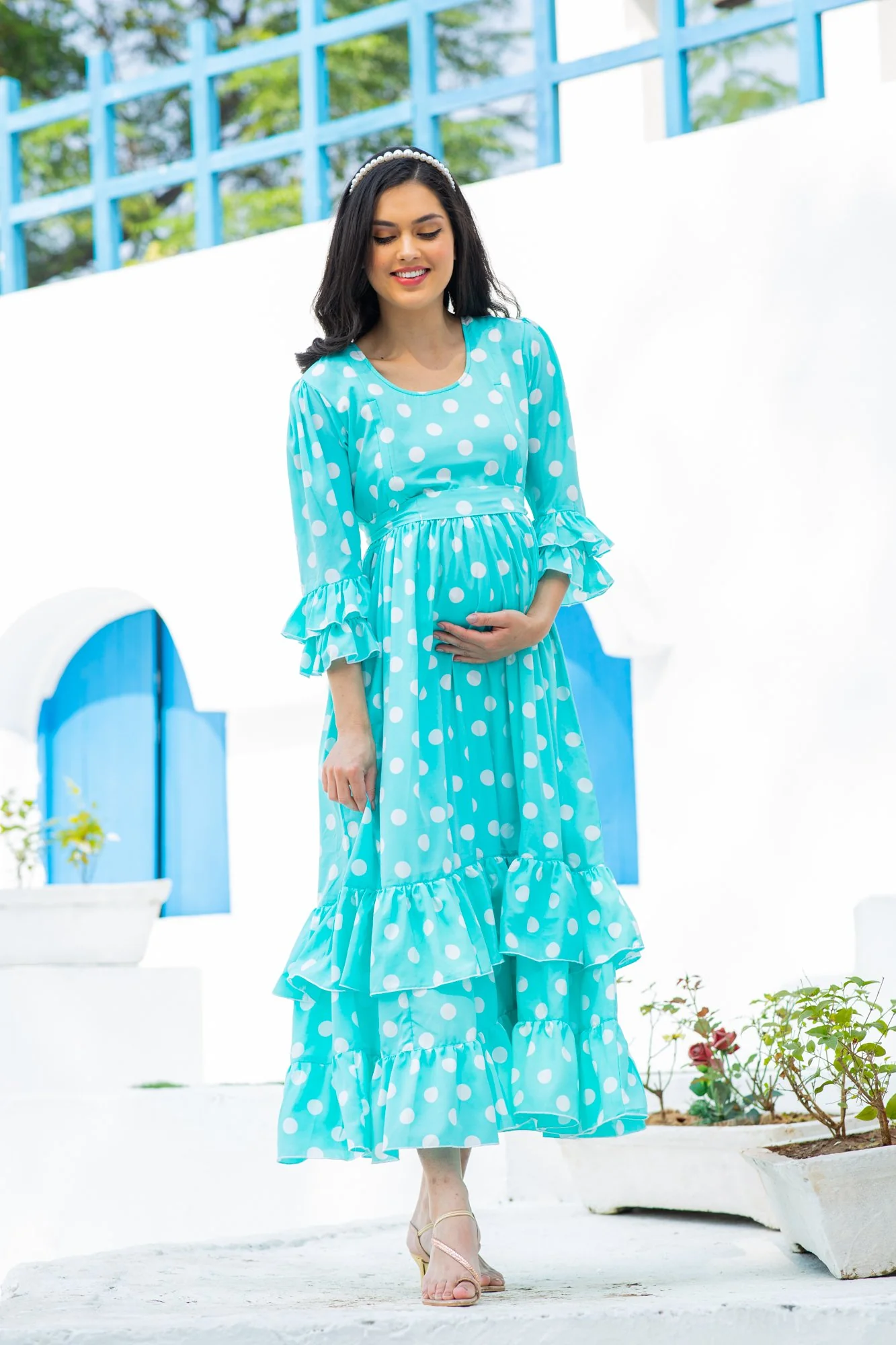 Classic Turquoise Polka Maternity & Nursing Frill Dress - Chenance