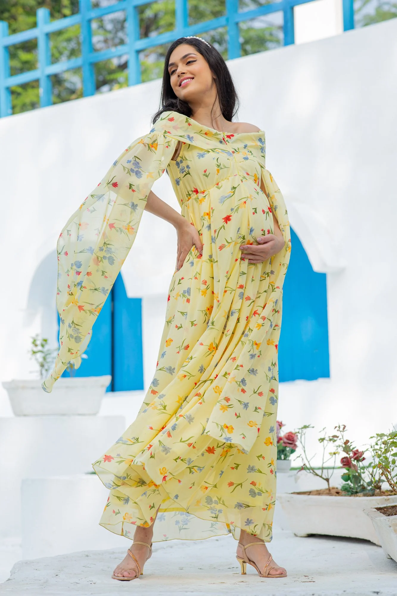Luxe Pastel Yellow Flying Sleeves Maternity & Nursing Dress - Chenance