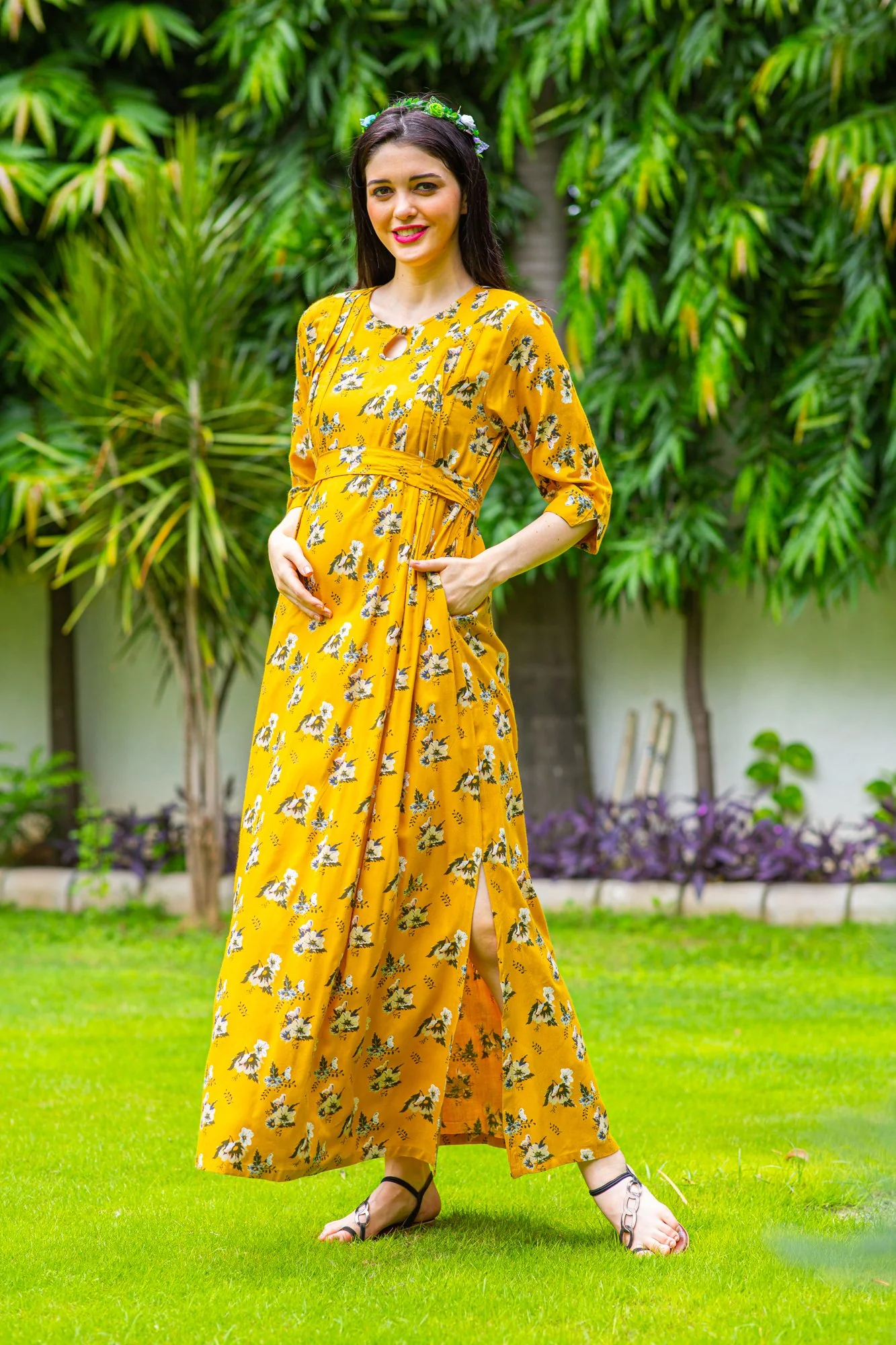 Marigold Pintucks Concealed Zips Maternity & Nursing Dress - Chenance