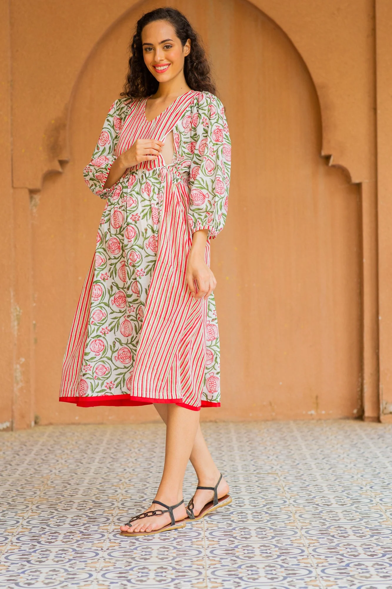 Tropical Red Floral Maternity & Nursing Kurta (100% Cotton) - Chenance