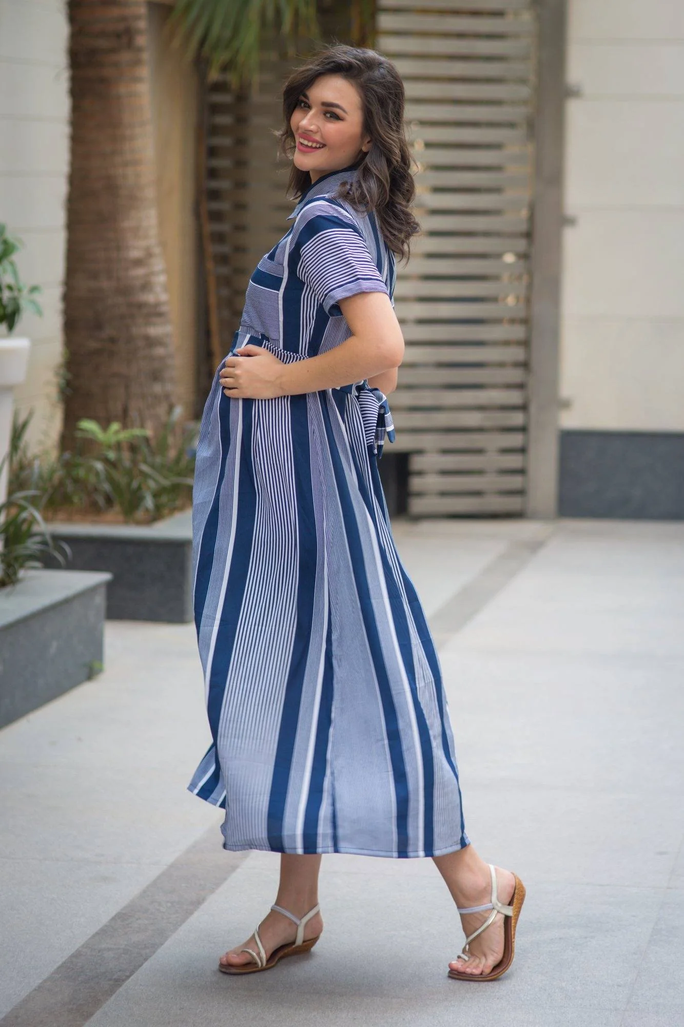 Alum Striped Nursing Crepe Dress - Chenance