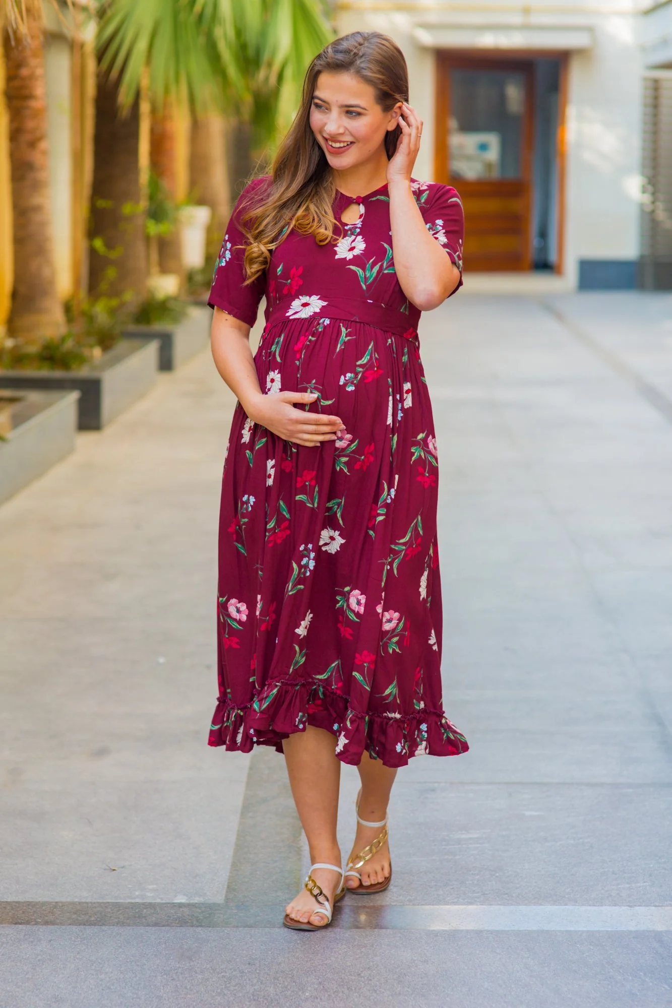 Berry Floral Frill Crepe Concealed Zips Maternity & Nursing Dress - Chenance