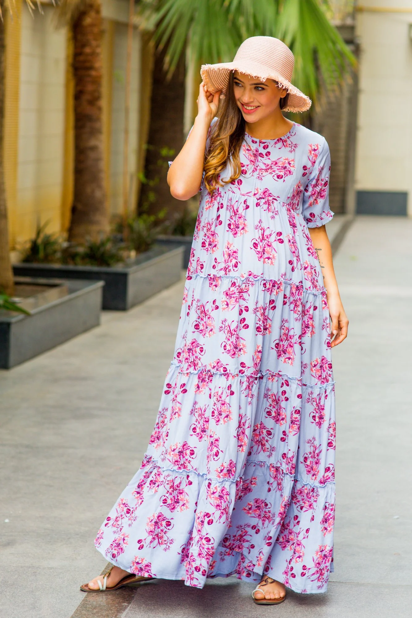 Multilayer Cyan Blue Frill Maternity & Nursing Dress - Chenance